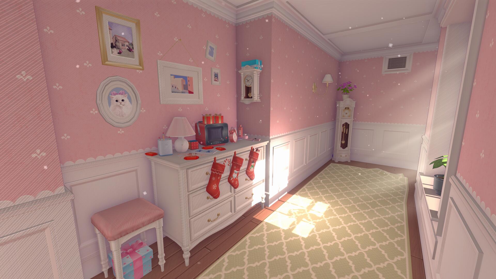 A cozy pink-themed room featuring a dresser with stockings, decorations, and sunlight streaming through, presented as a vibrant 4K Ultra HD PC desktop wallpaper for MiSide.