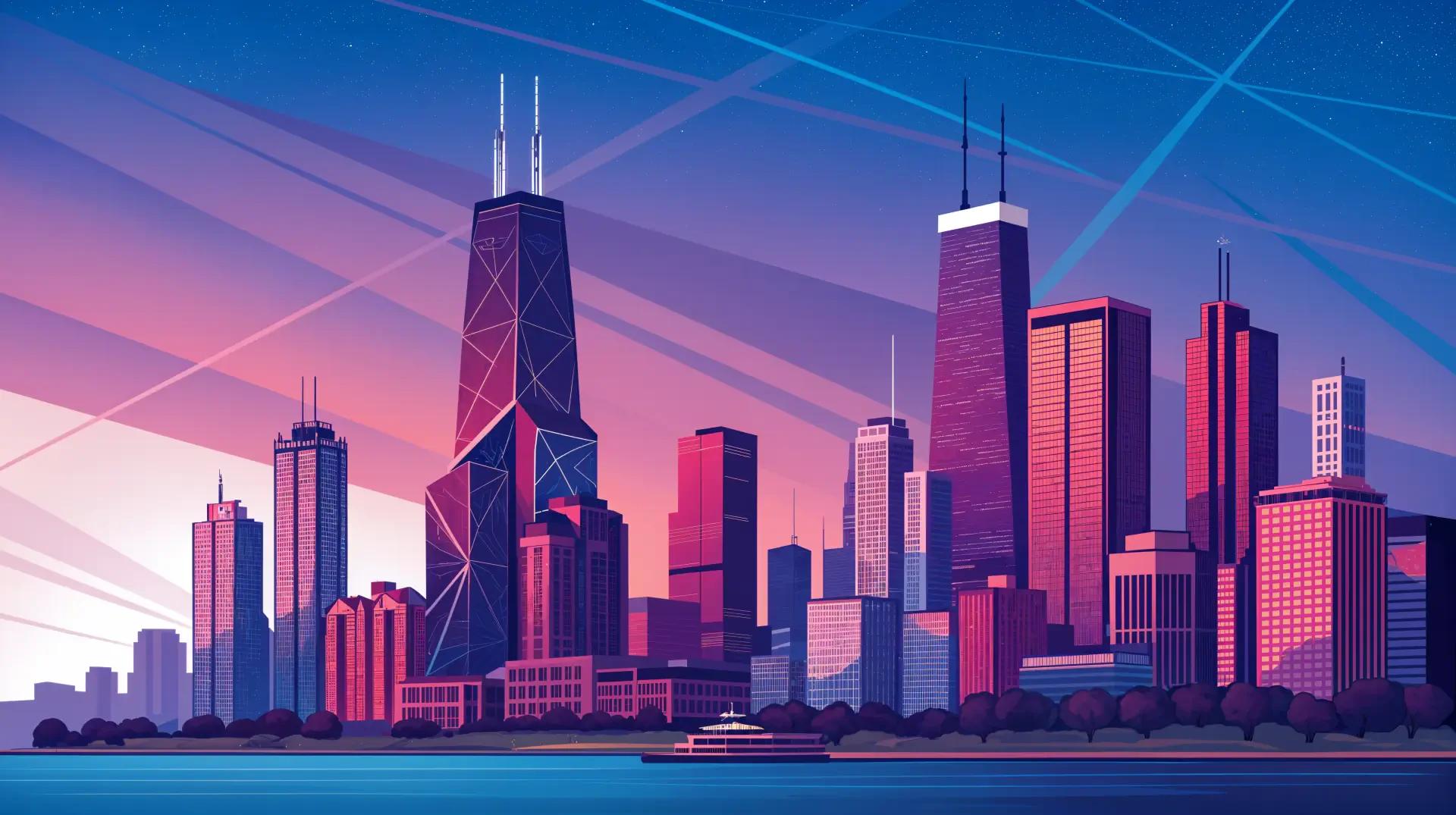 A vibrant 4K Ultra HD illustration of the Chicago skyline at sunset, showcasing towering skyscrapers and a colorful sky reflected over the water.