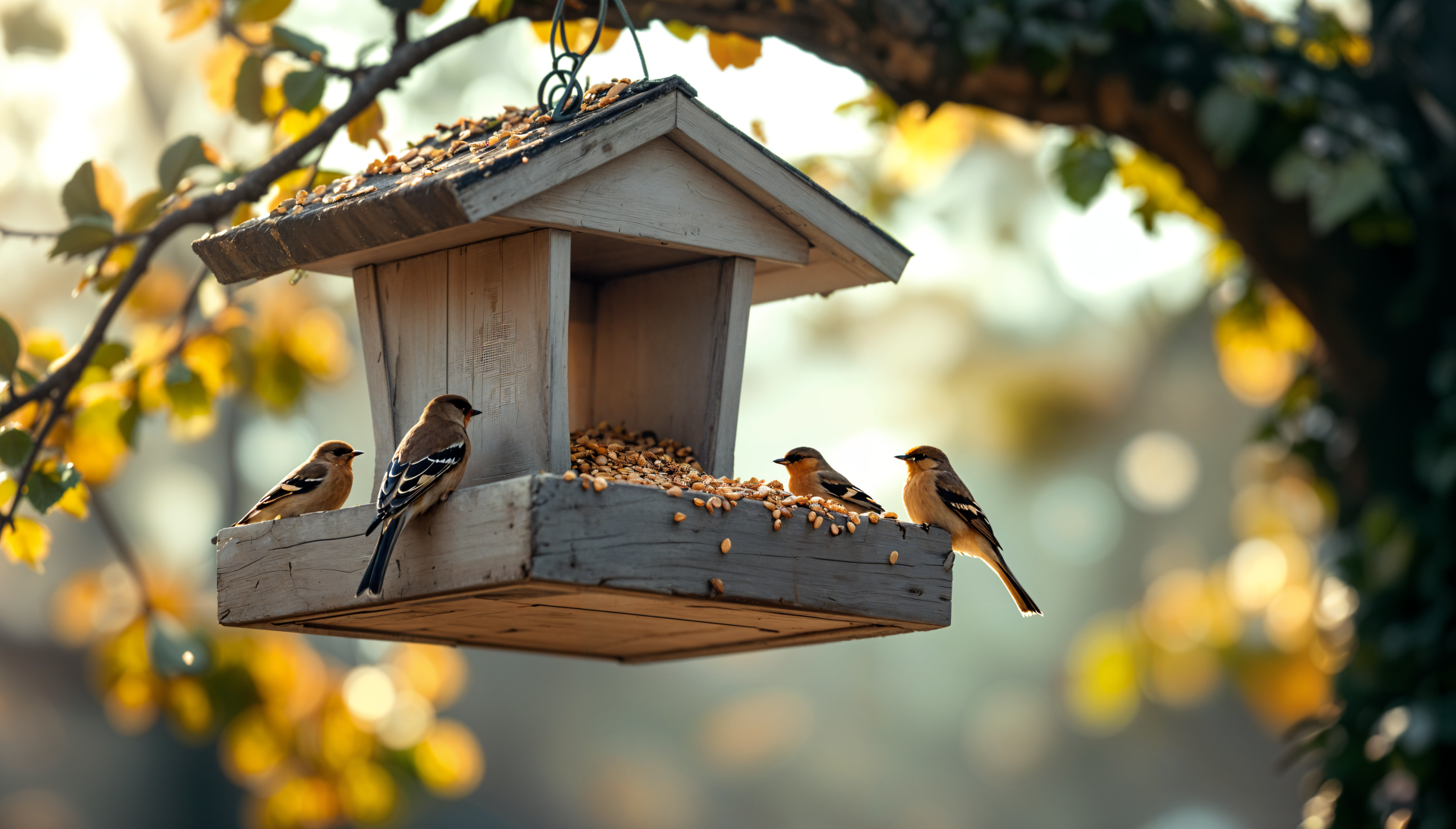 A serene bird feeder hanging among soft, sunlit leaves, surrounded by small birds enjoying seeds, captured in vibrant 4K Ultra HD for a stunning desktop wallpaper.