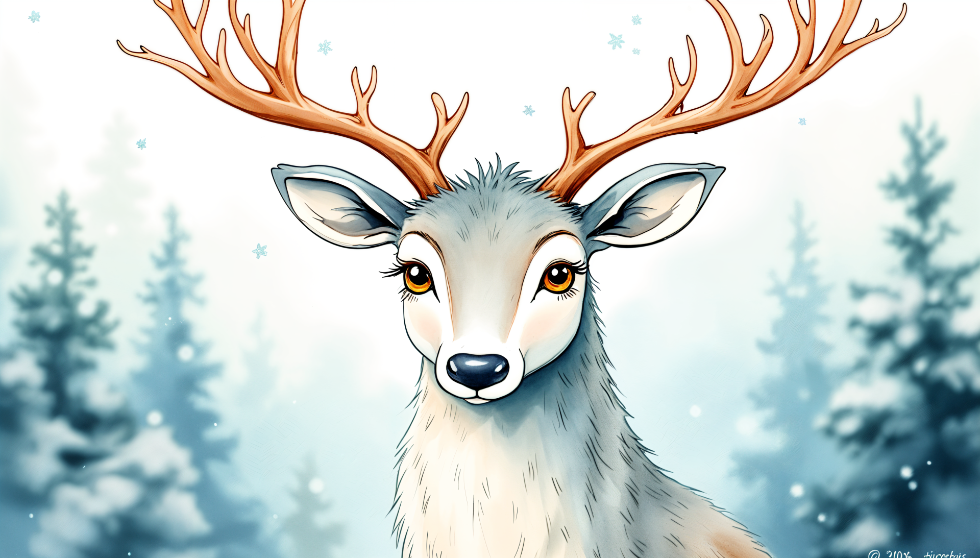 A beautifully illustrated reindeer with majestic antlers, set against a serene snowy background of evergreen trees, perfect for use as a 4K Ultra HD PC desktop wallpaper.