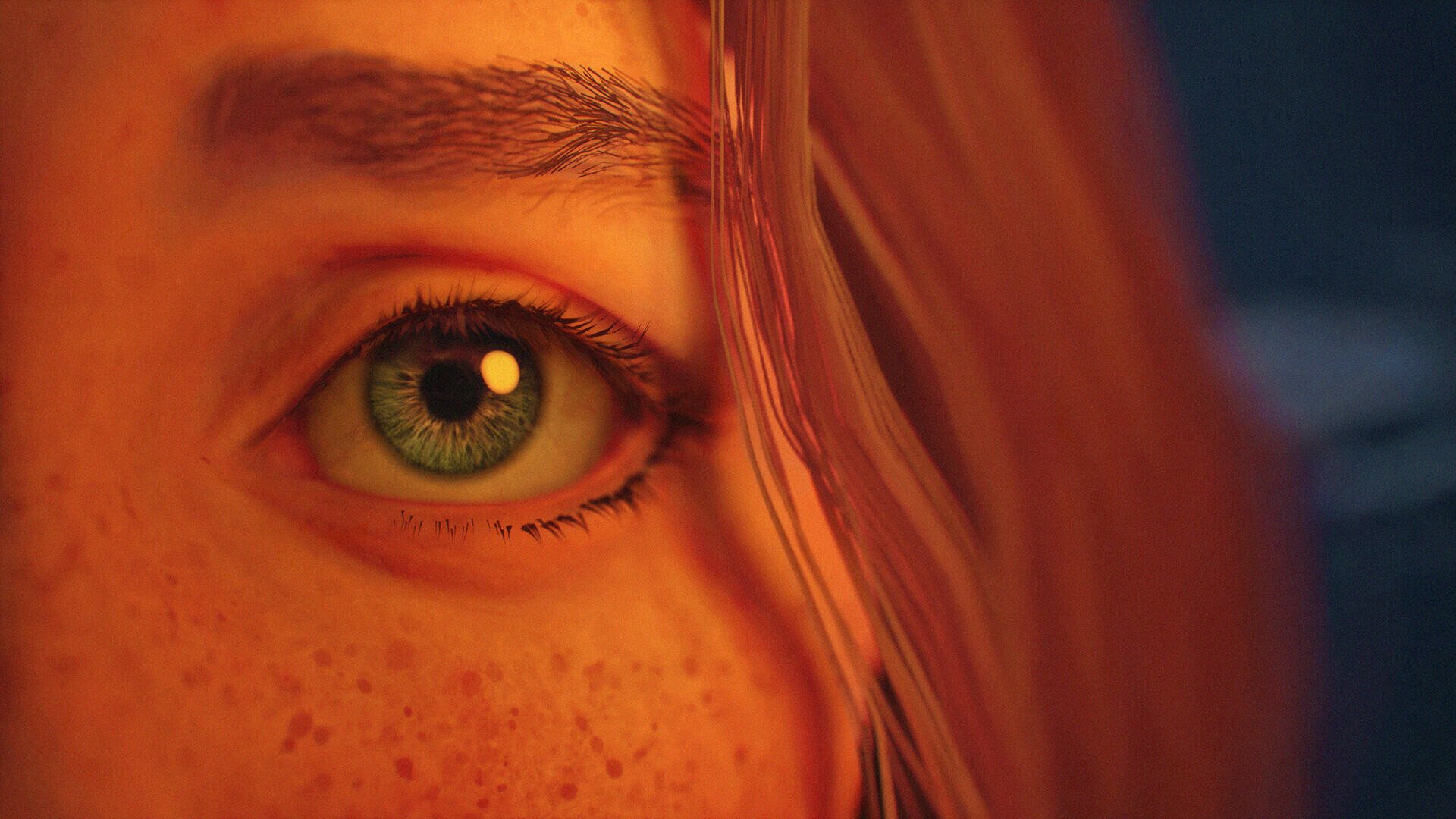 Close-up of a woman's eye with striking green iris and warm lighting, set against a backdrop from the video game Lost Records: Bloom & Rage. HD desktop wallpaper.