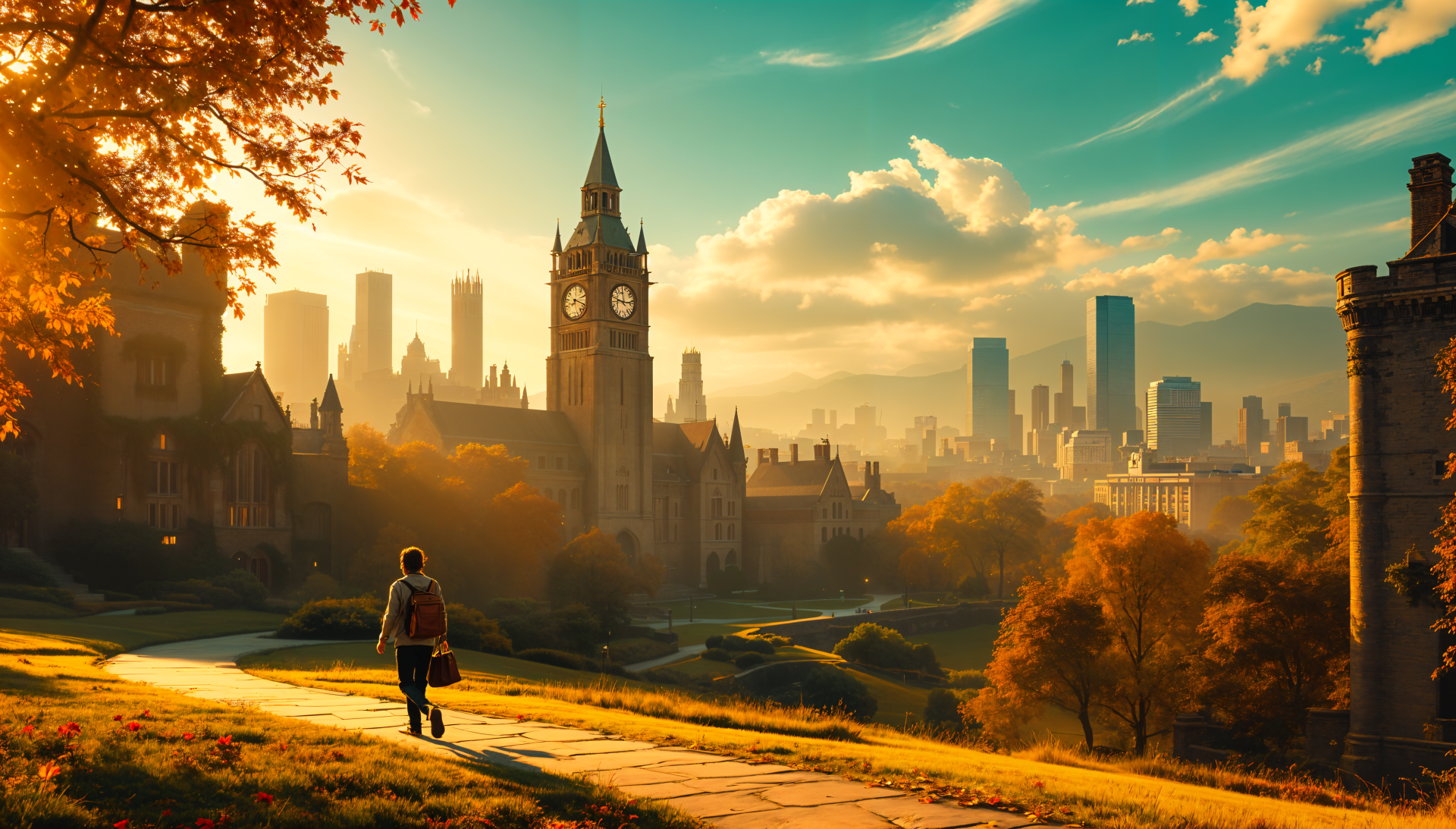 A serene university landscape at sunset, featuring historic architecture and a distant city skyline, captured in vibrant 4K Ultra HD for a stunning desktop wallpaper.