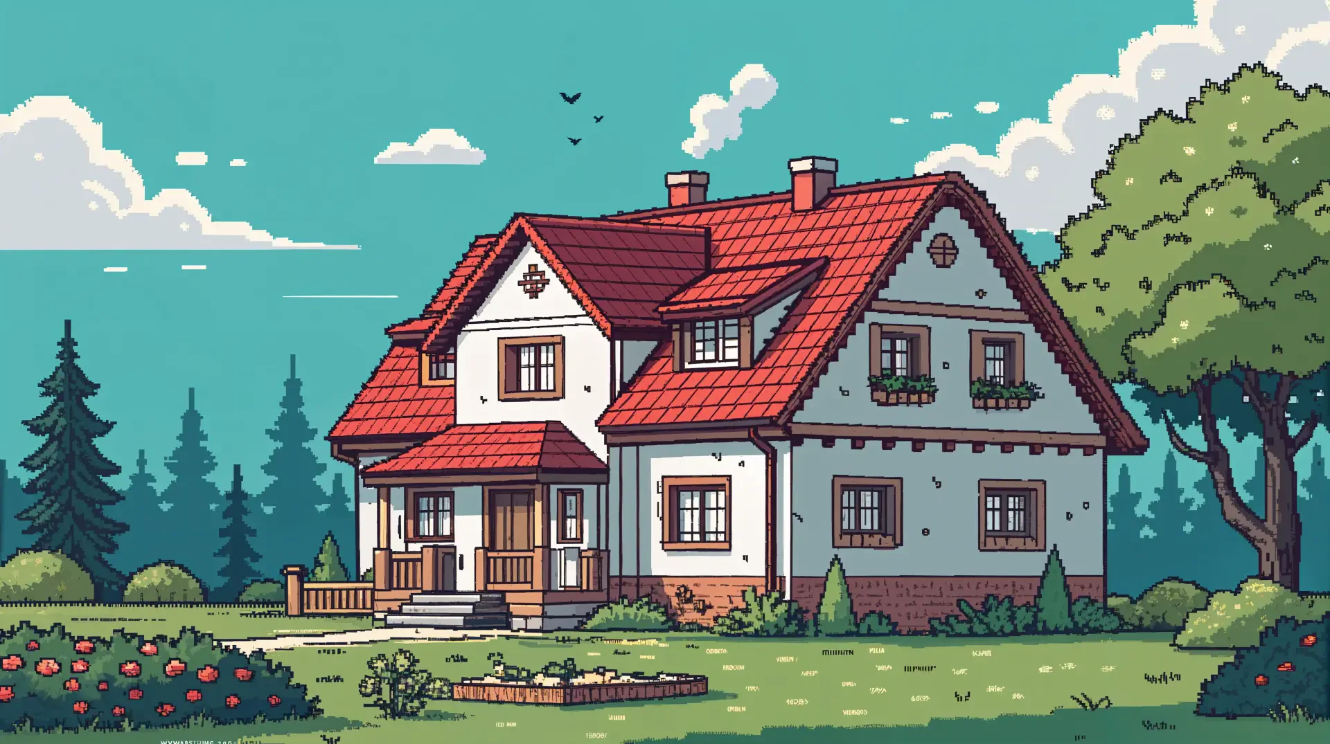 Illustration of a dream home surrounded by lush nature and a scenic landscape, designed as a vibrant 4K Ultra HD PC desktop wallpaper and background.