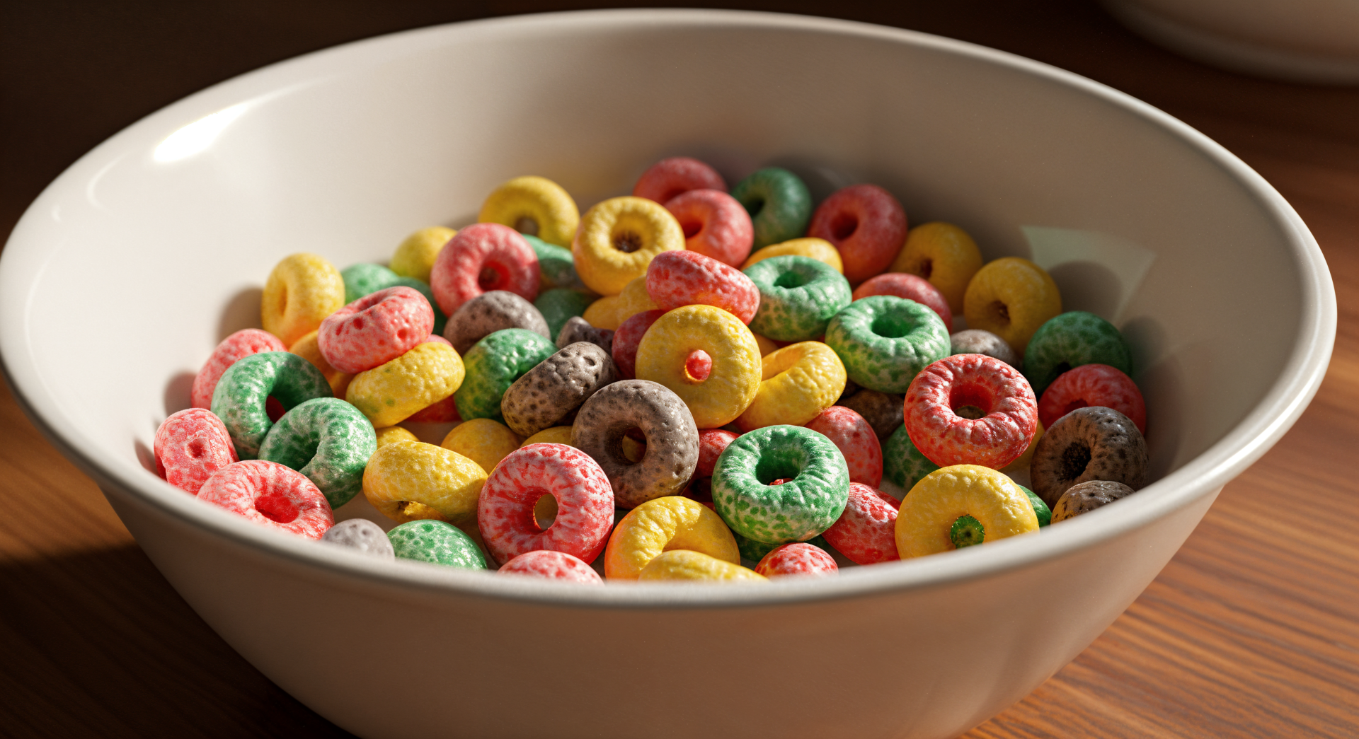 A vibrant bowl filled with colorful cereal rings, showcasing a variety of hues including pink, green, yellow, and brown, set against a warm background in a 4K Ultra HD desktop wallpaper.