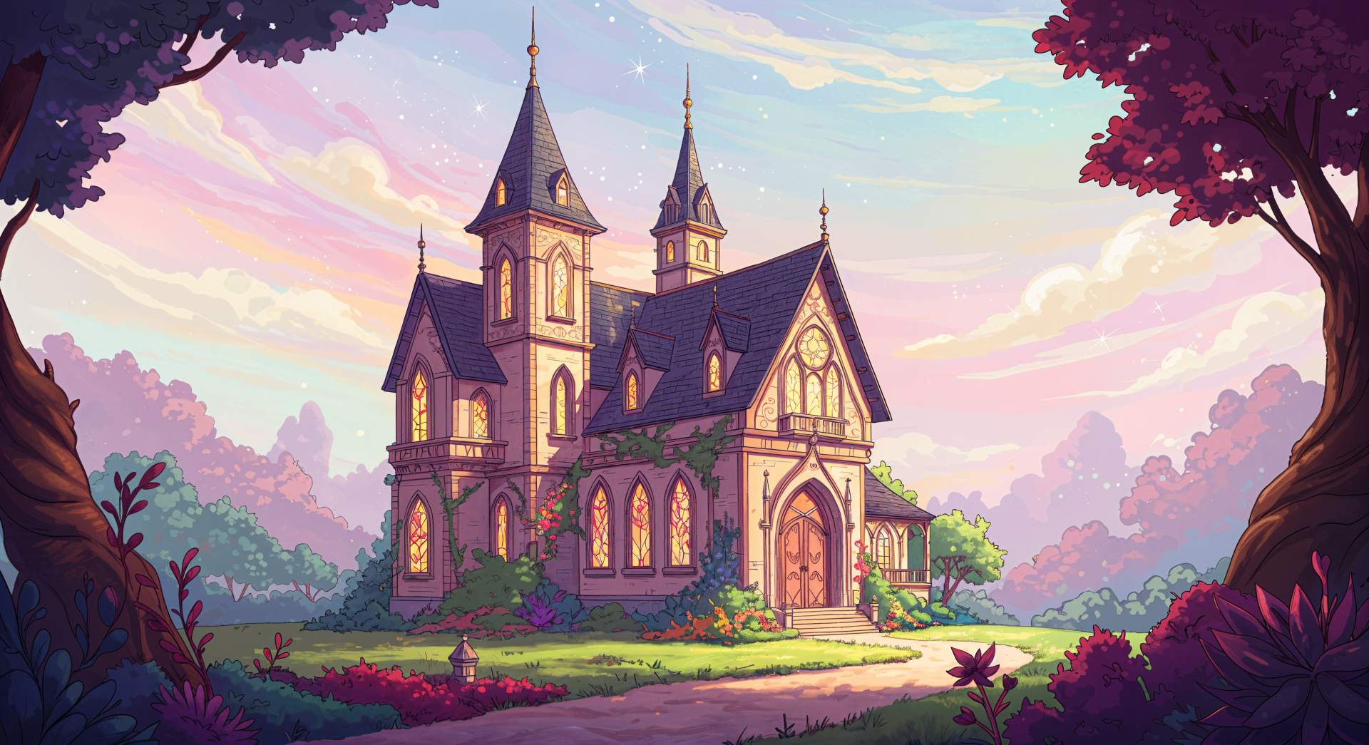 A charming villa with intricate architecture, surrounded by lush greenery and vibrant flowers, set against a pastel sky. A stunning 4K Ultra HD PC desktop wallpaper.