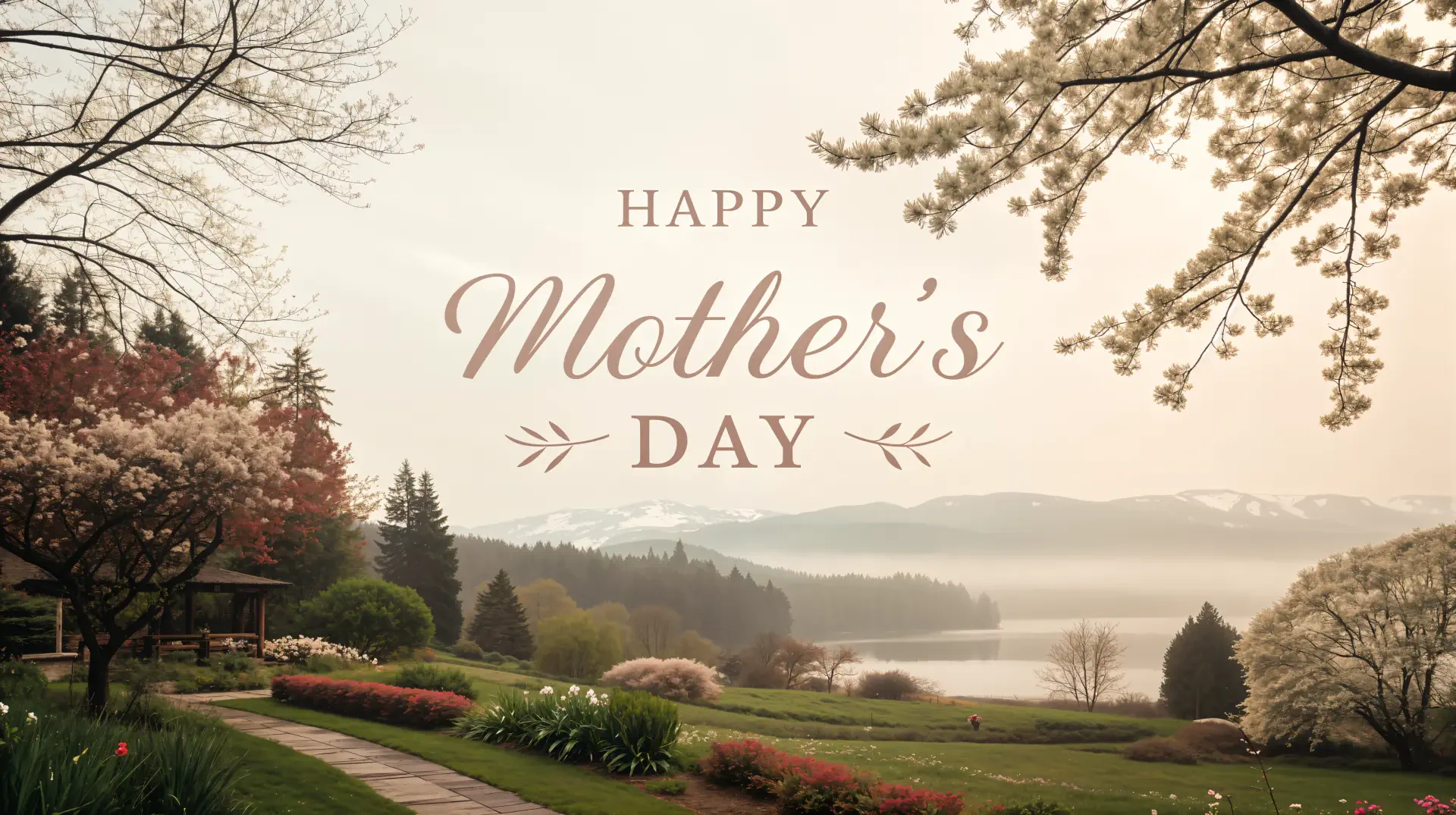 A serene landscape with blooming flowers and trees, featuring elegant Happy Mother's Day text, rendered in 4K Ultra HD as a PC desktop wallpaper and greeting card background.