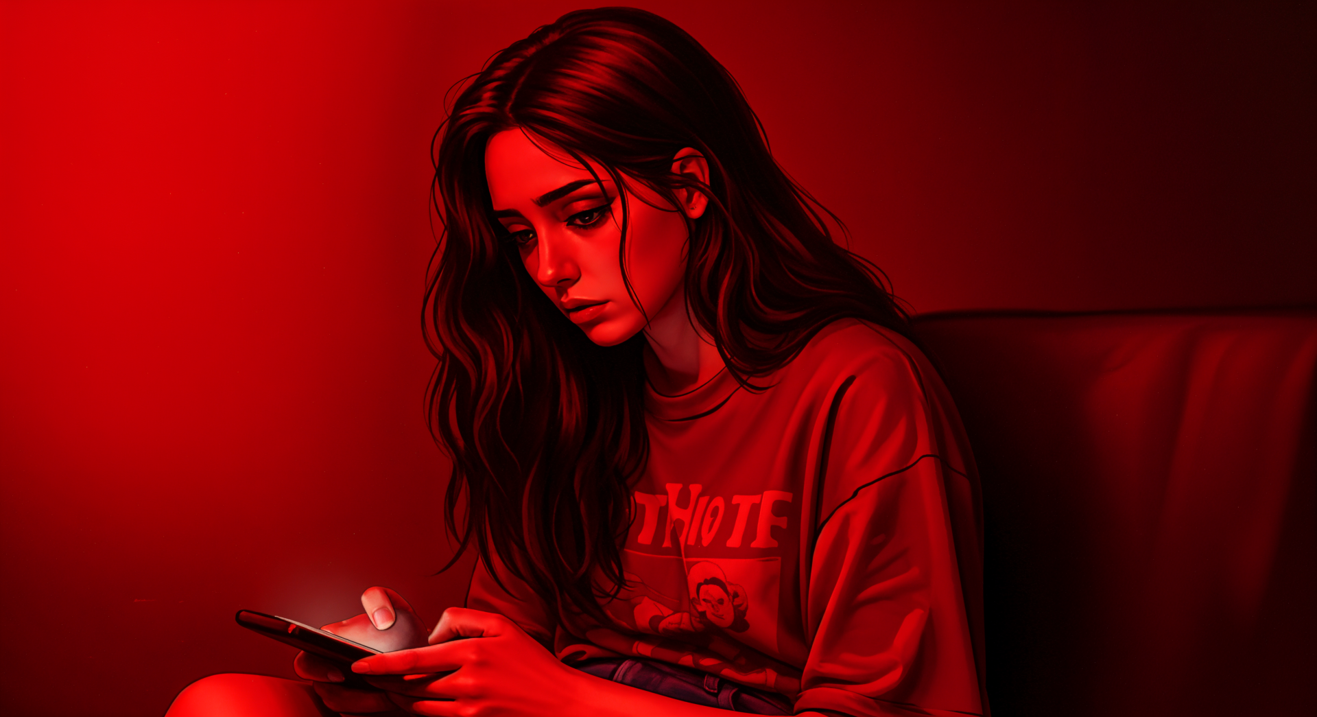 A sad lofi girl sits in a dimly lit room, absorbed in her phone. The image exudes a melancholic vibe, presented as a 4K Ultra HD desktop wallpaper and background.