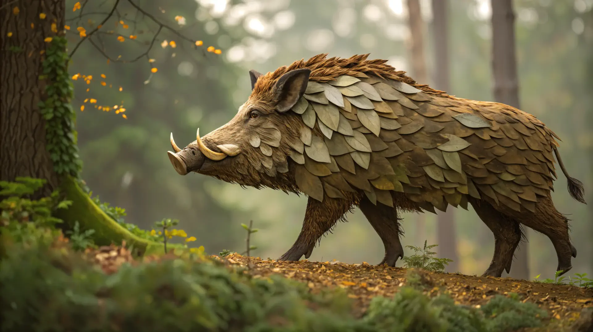 A detailed fantasy boar made of leaf-like textures walks through a misty forest, captured in a 4K Ultra HD wildlife and nature desktop wallpaper.