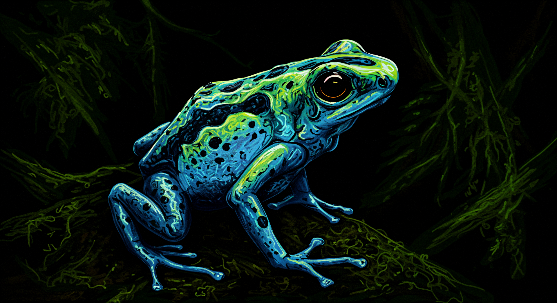 A vibrant poison dart frog sits on a mossy surface, showcasing its striking blue and green colors against a dark background. A stunning 4K Ultra HD PC desktop wallpaper.