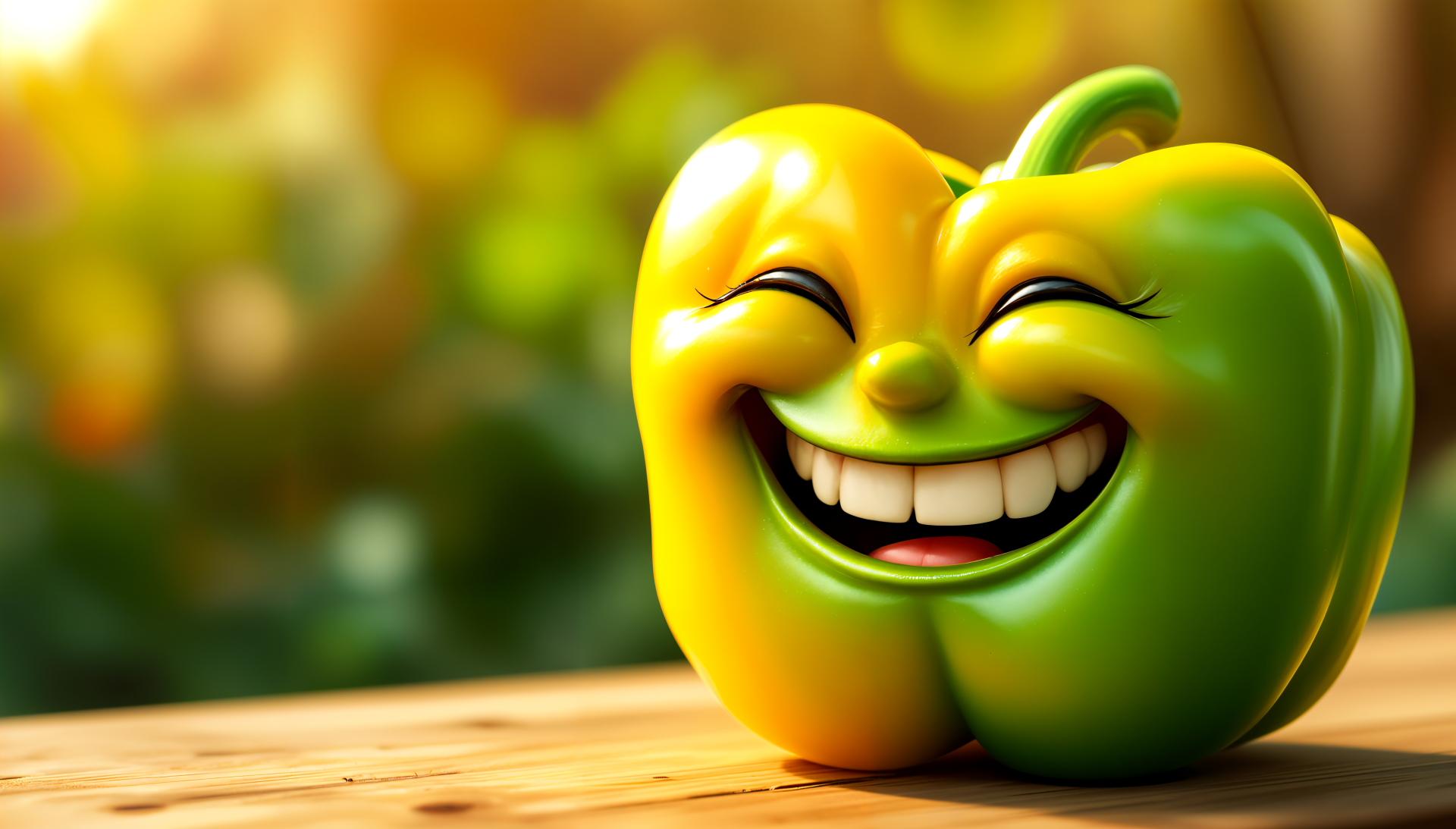 A cheerful, anthropomorphized yellow bell pepper with a big smile, set against a blurred green background. This vibrant image serves as a captivating 4K Ultra HD wallpaper.