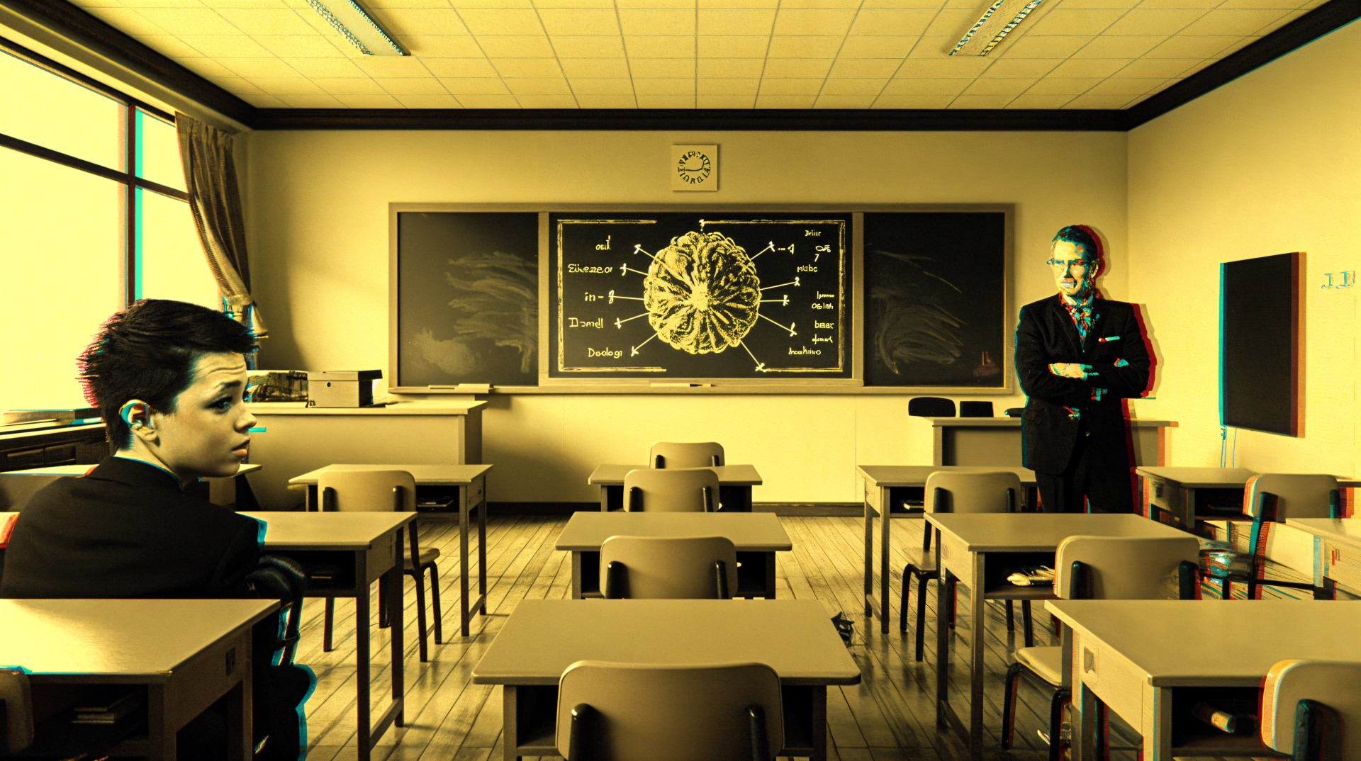 A vibrant 4K Ultra HD wallpaper showcases a classroom with a teacher and student, featuring a chalkboard filled with biology concepts and a warm, inviting atmosphere.