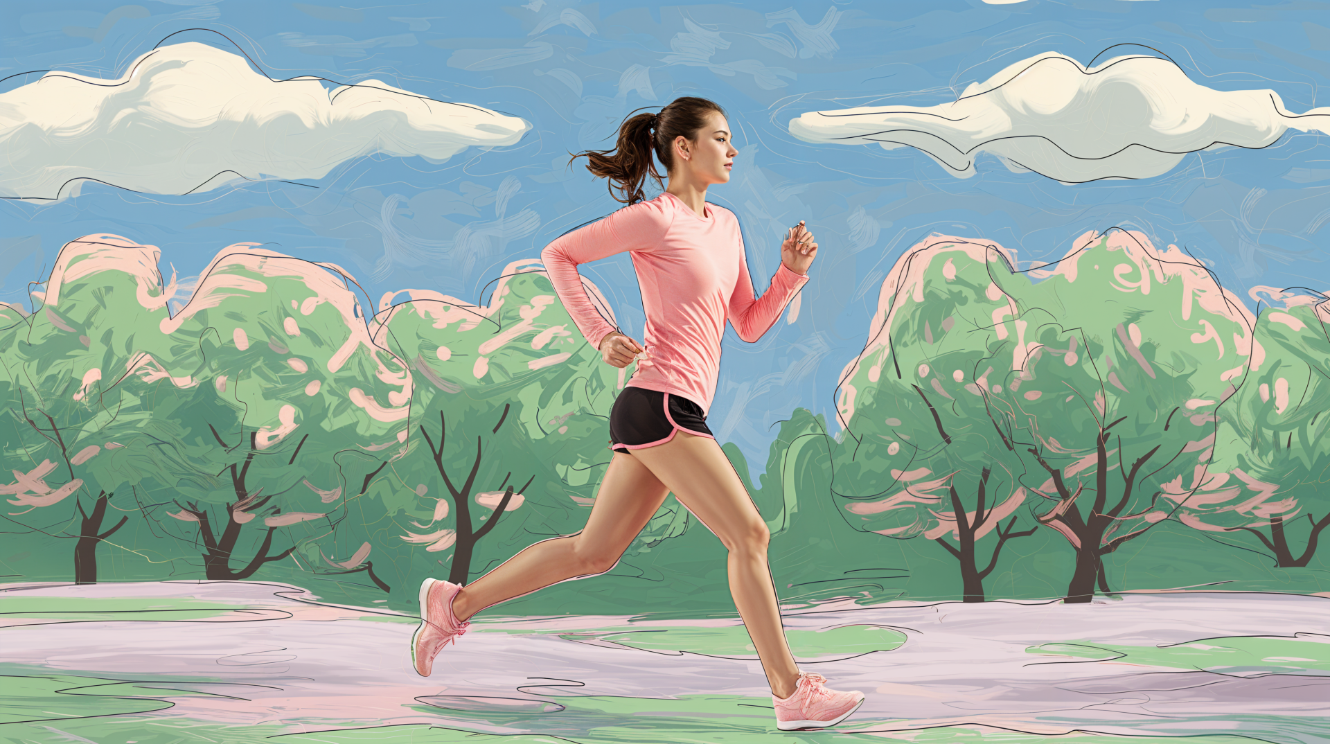 A woman jogs energetically in a park, surrounded by lush green trees and a vibrant blue sky, captured in a 4K Ultra HD desktop wallpaper.