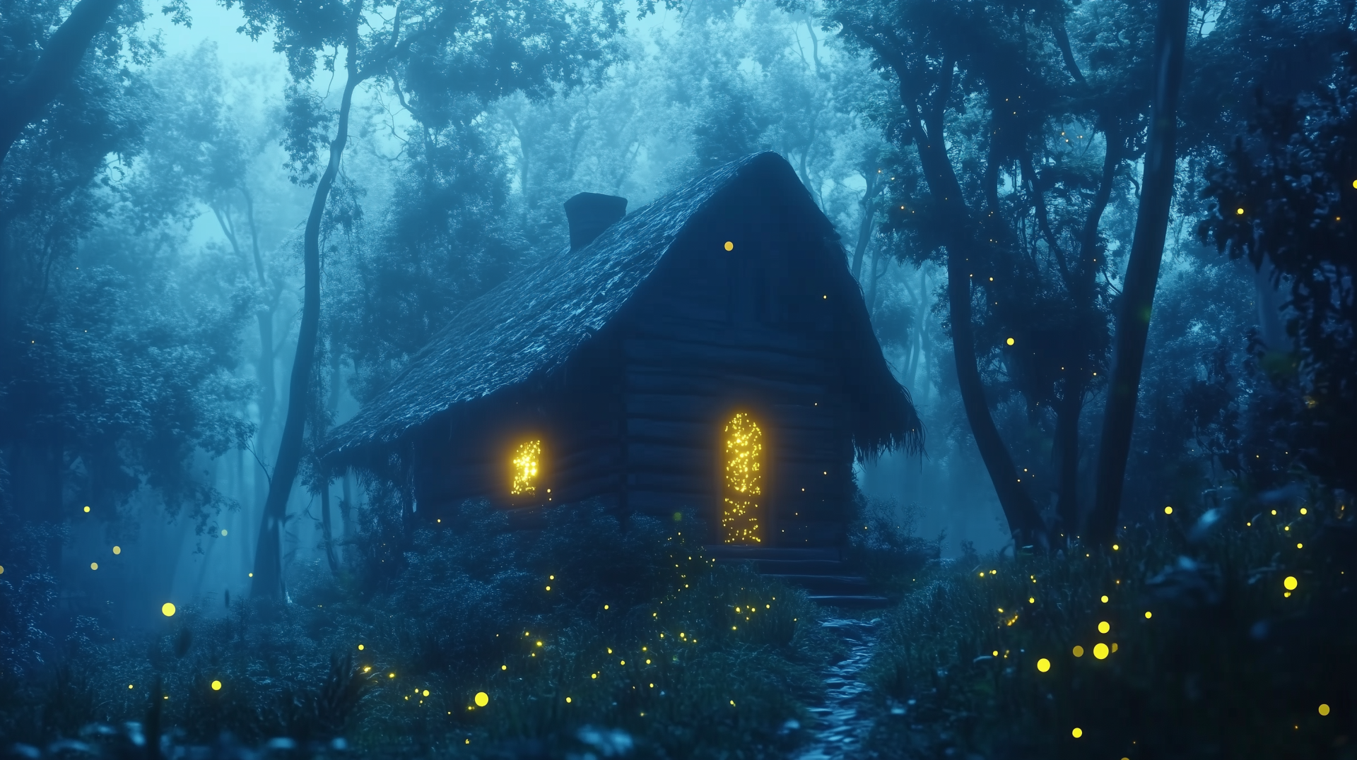 A cozy cabin nestled in a magical forest, illuminated by warm light from its windows, surrounded by a misty atmosphere and glowing fireflies, creating an enchanting fantasy landscape.