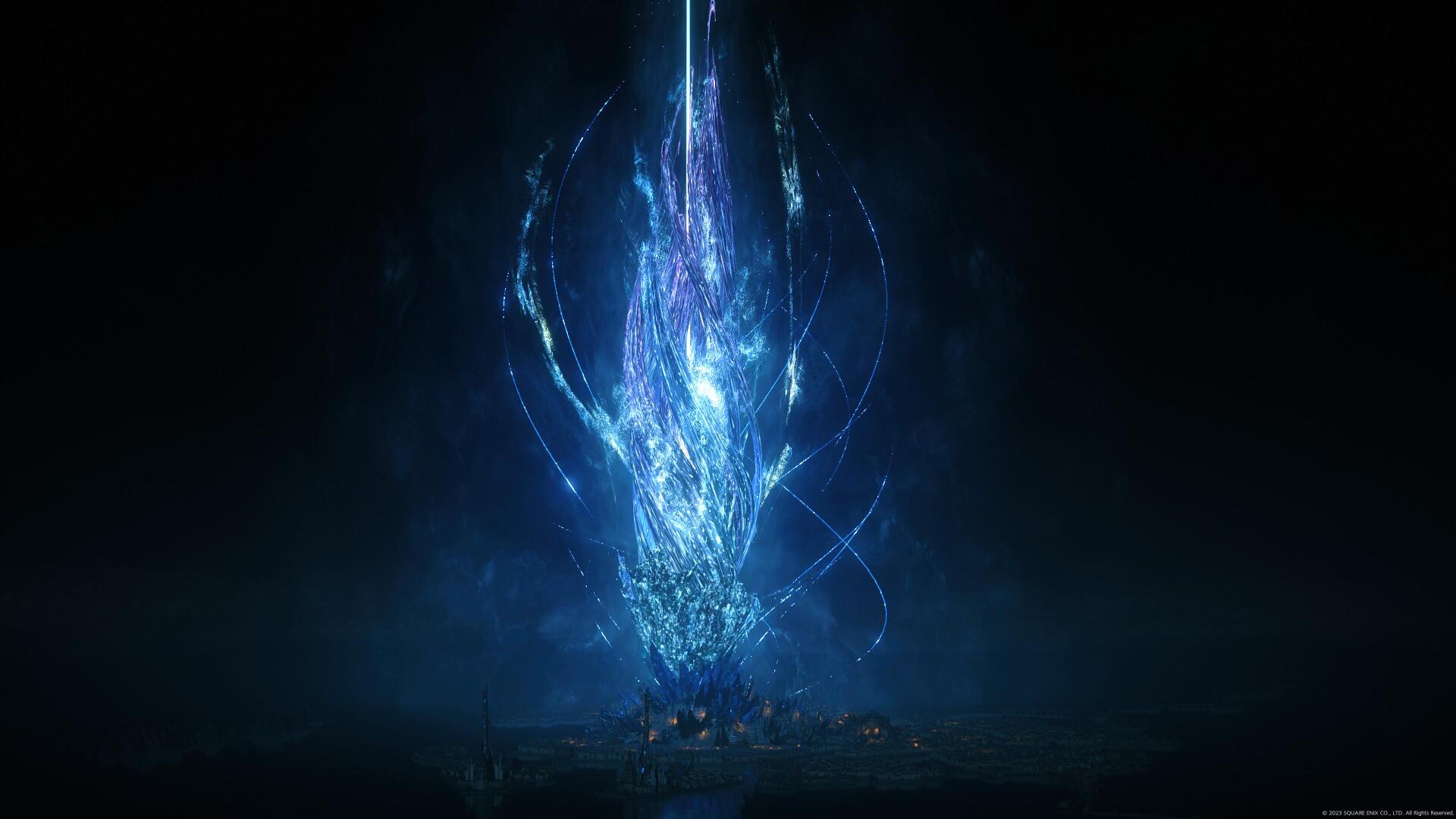 A stunning 4K Ultra HD wallpaper from Final Fantasy XVI, featuring a luminous, ethereal formation with vibrant blue and purple light effects against a dark backdrop.