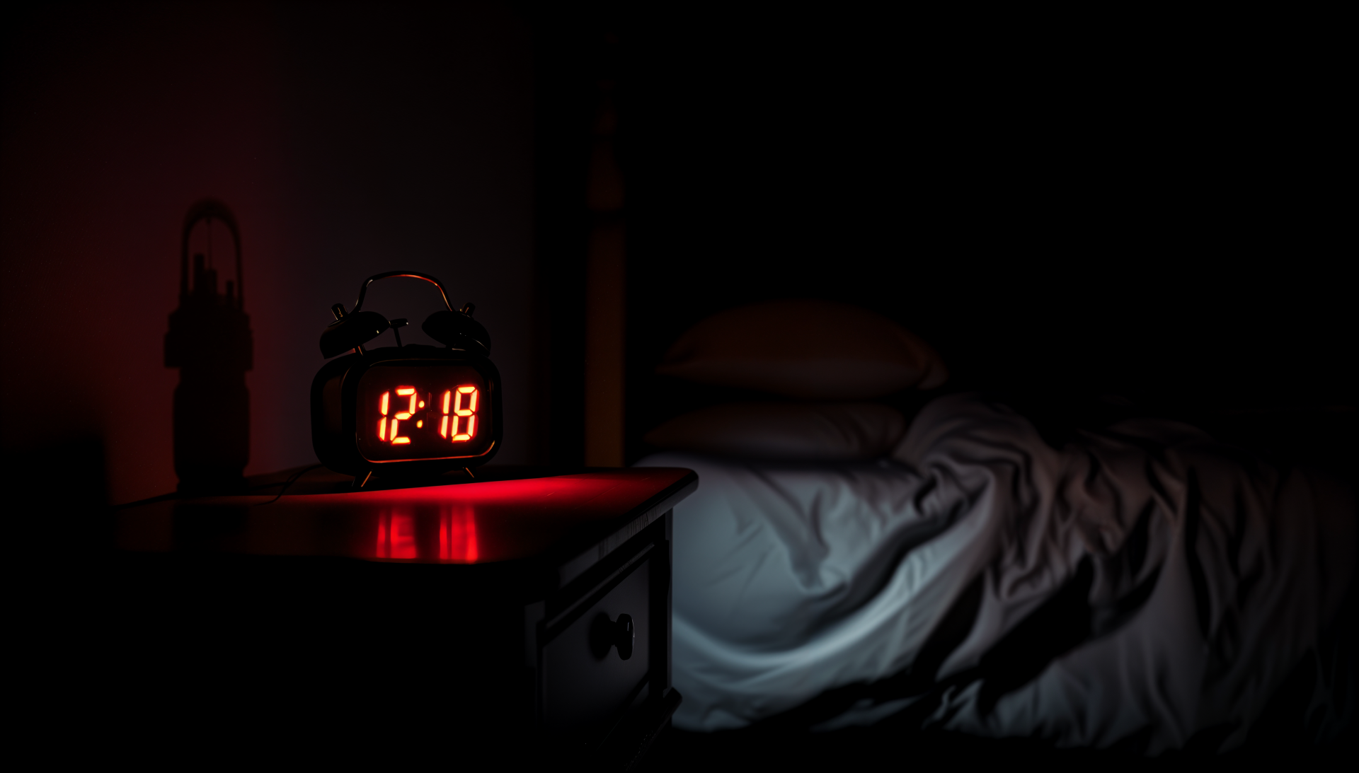 A dark scene featuring a red-lit alarm clock displaying 12:18, placed on a bedside table next to rumpled white bedding, all captured in crisp 4K Ultra HD quality.