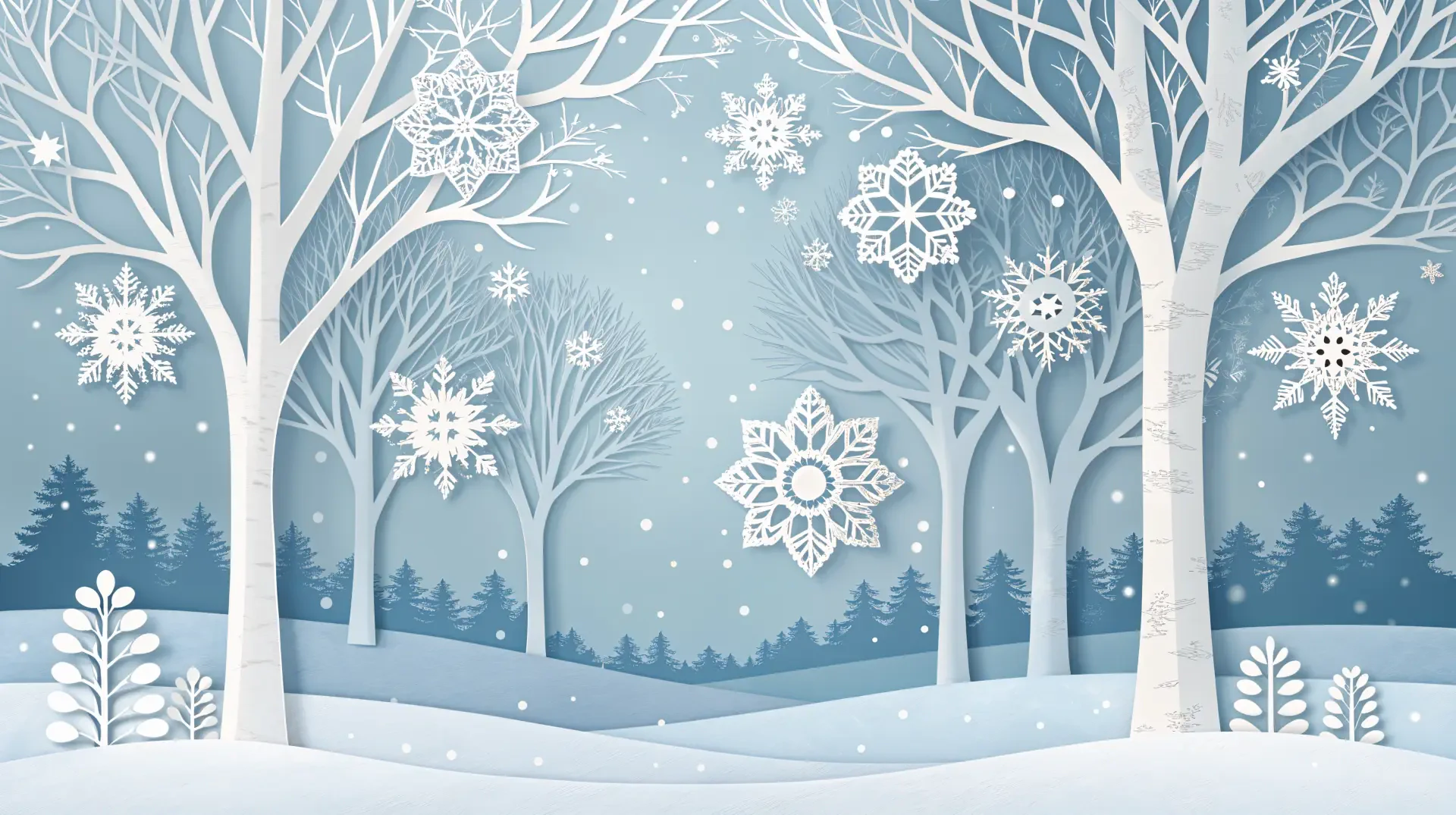 4K Ultra HD winter forest landscape featuring snow-covered trees and intricate snowflakes falling against a serene blue sky background.