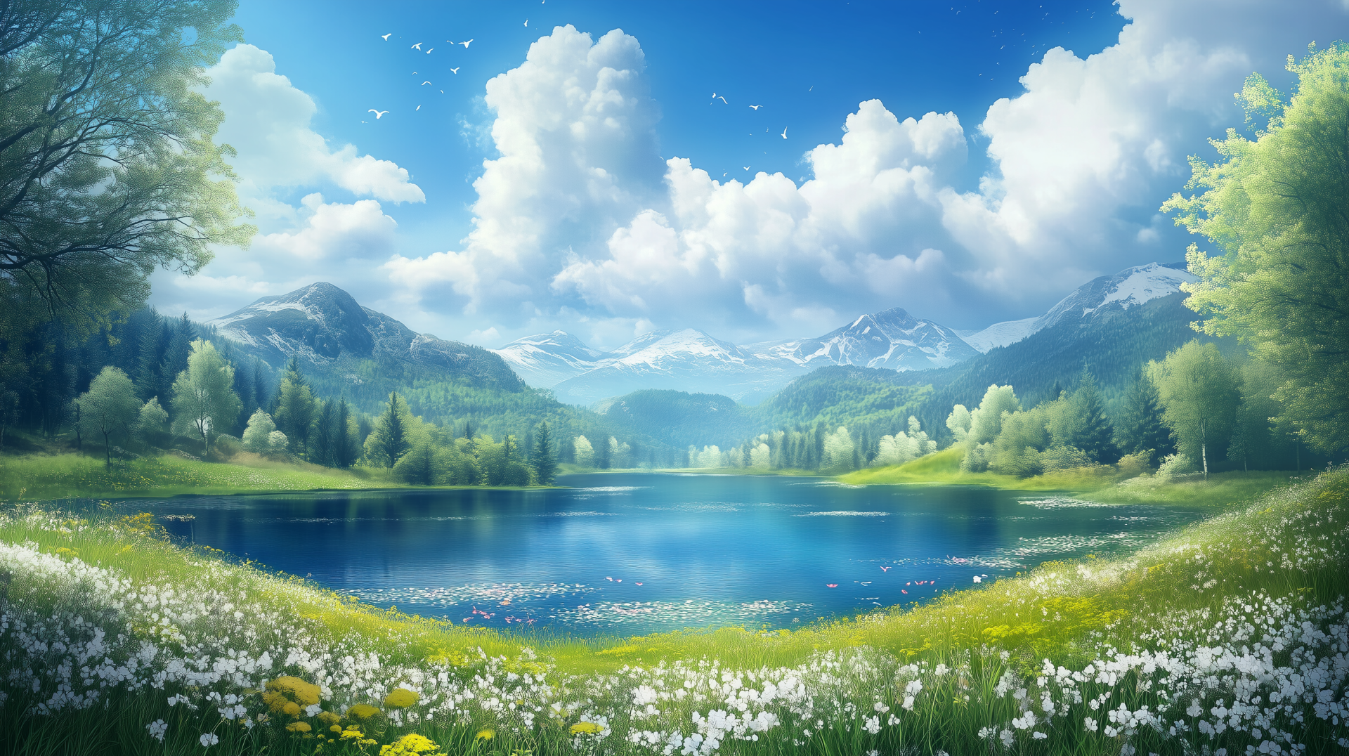 Illustrated HD desktop wallpaper of a vibrant spring landscape with blooming flowers, lush greenery, a calm lake, distant mountains, and a bright blue sky with fluffy clouds.