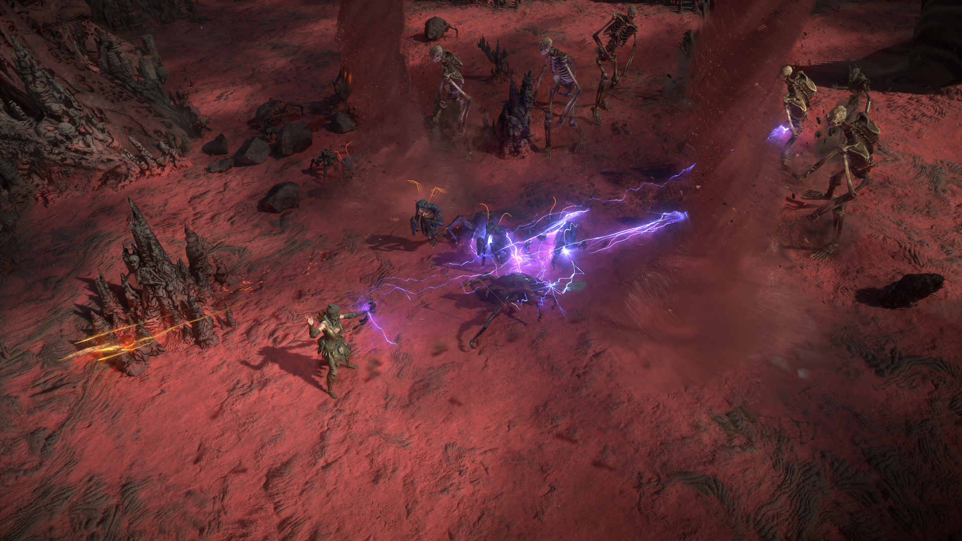 A captivating scene from Path of Exile 2, showcasing intense gameplay with vibrant spell effects and a dynamic battlefield in a rich, stylized environment. 4K Ultra HD quality.