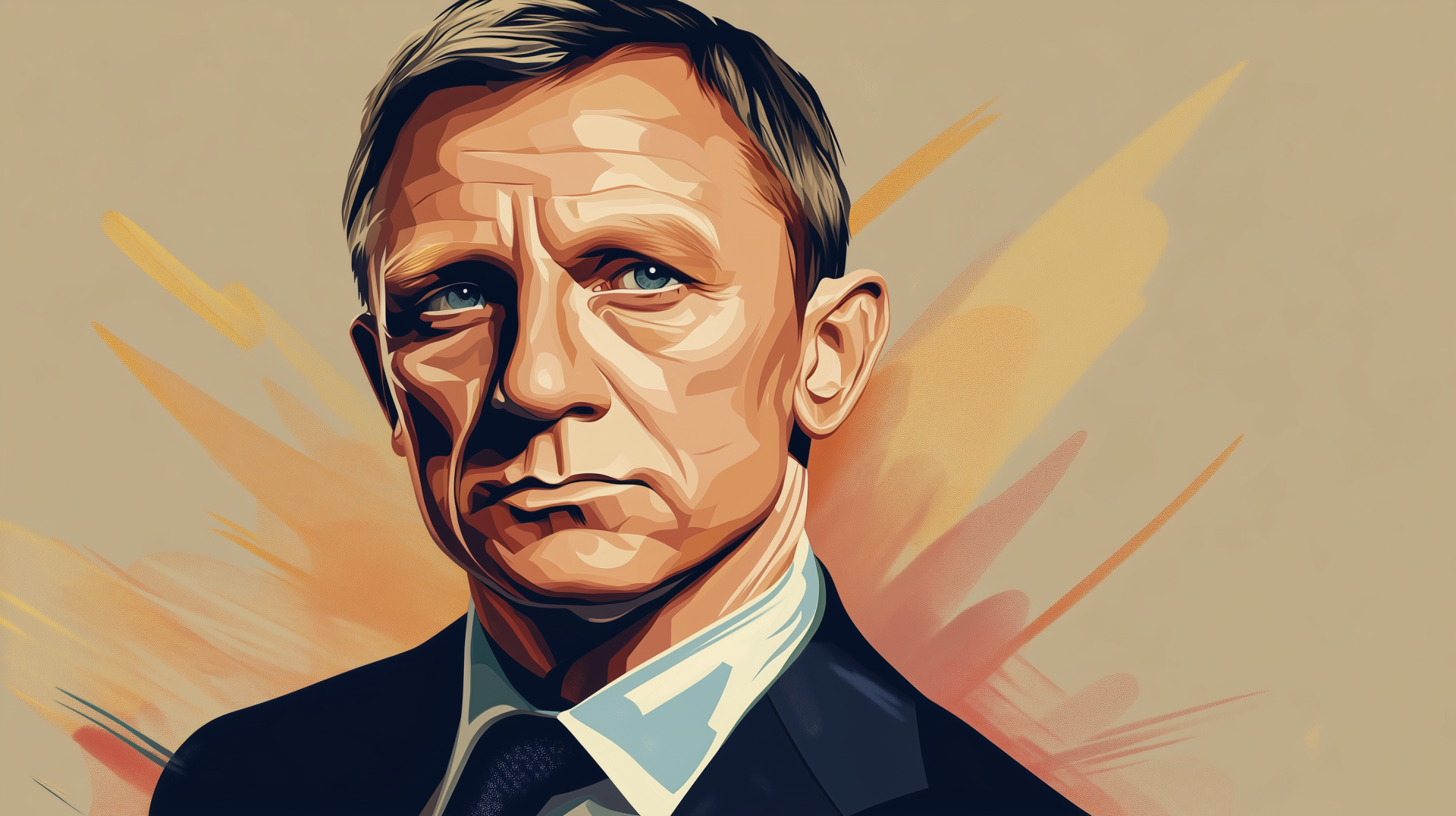 A stylized HD wallpaper featuring Daniel Craig as James Bond, showcasing his intense expression against a vibrant background. Perfect for fans of the iconic spy character.