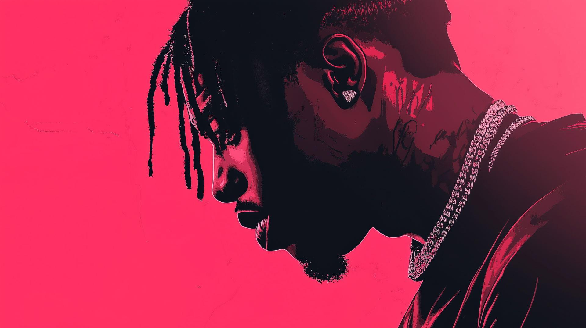 A striking HD wallpaper featuring rapper Travis Scott, silhouetted against a bold pink background, capturing his profile with intricate details and vibrant colors.