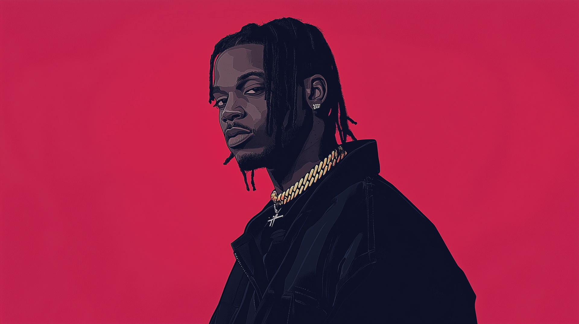 A striking HD wallpaper featuring rapper Travis Scott against a vibrant red background, showcasing his unique style and charisma. A bold choice for music enthusiasts.