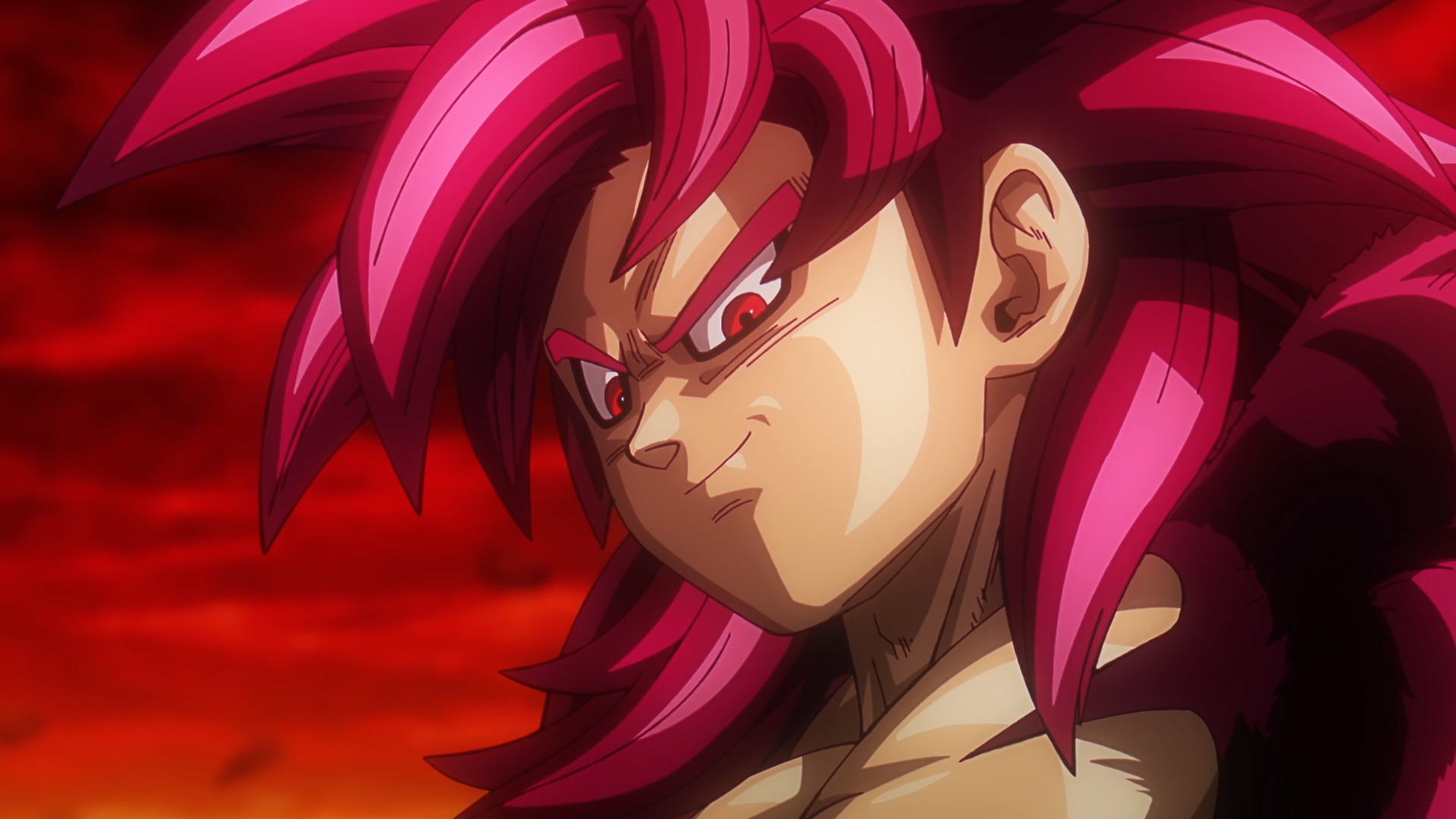 HD PC desktop wallpaper featuring Goku in his Super Saiyan 4 form from the anime Dragon Ball DAIMA, showcasing vibrant red hair and intense expression.