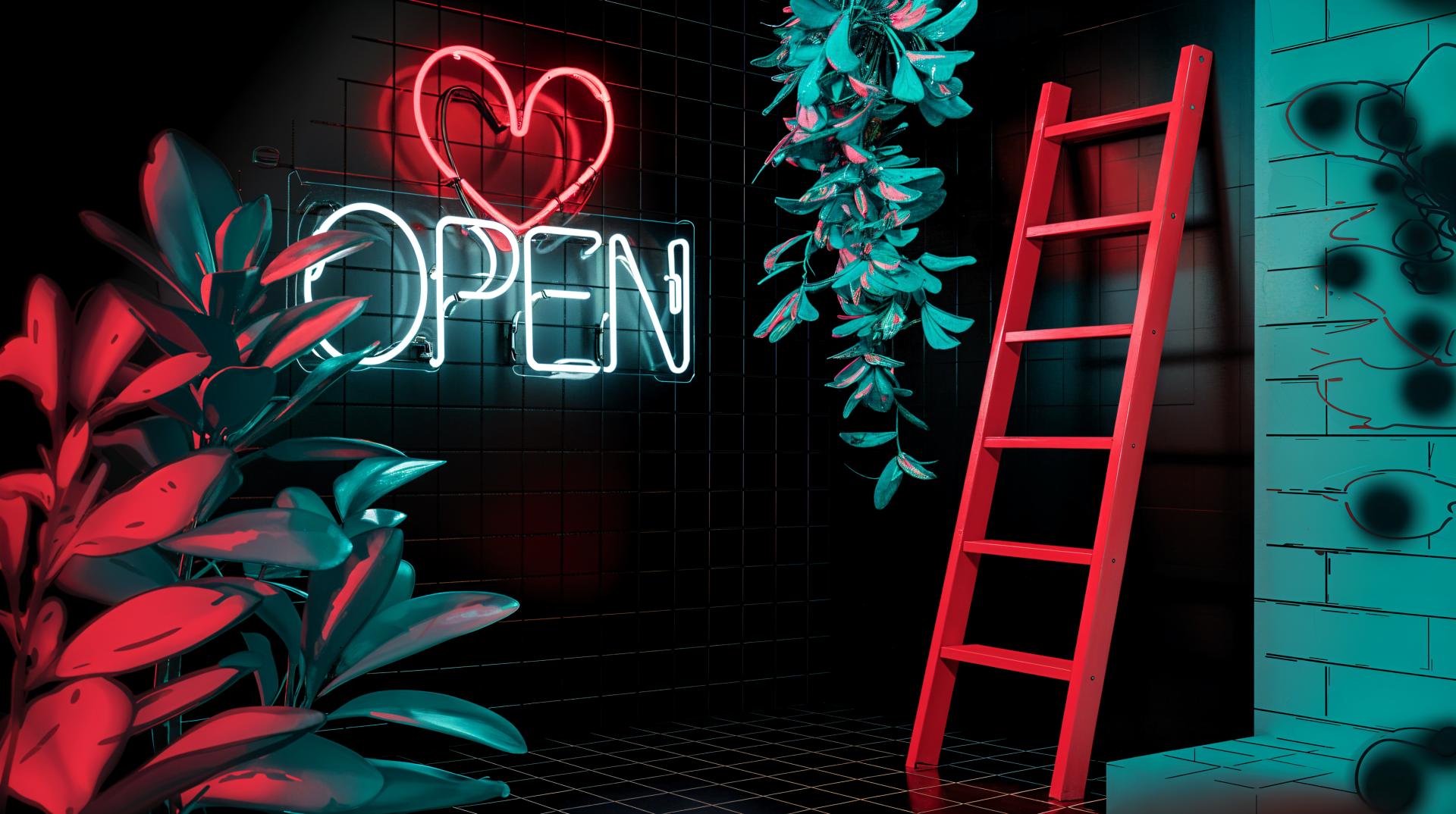 A vibrant 4K Ultra HD desktop wallpaper featuring a neon OPEN sign, lush green plants, and a striking red ladder against a dark background, creating a modern urban ambiance.