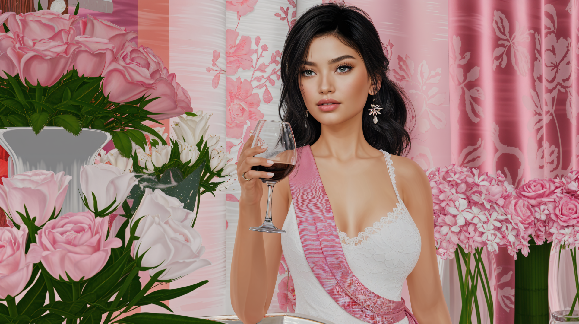 A woman in elegant attire holds a glass of wine at a bridal shower. The backdrop features pink flowers and decor, creating a festive atmosphere in this 4K Ultra HD wallpaper.