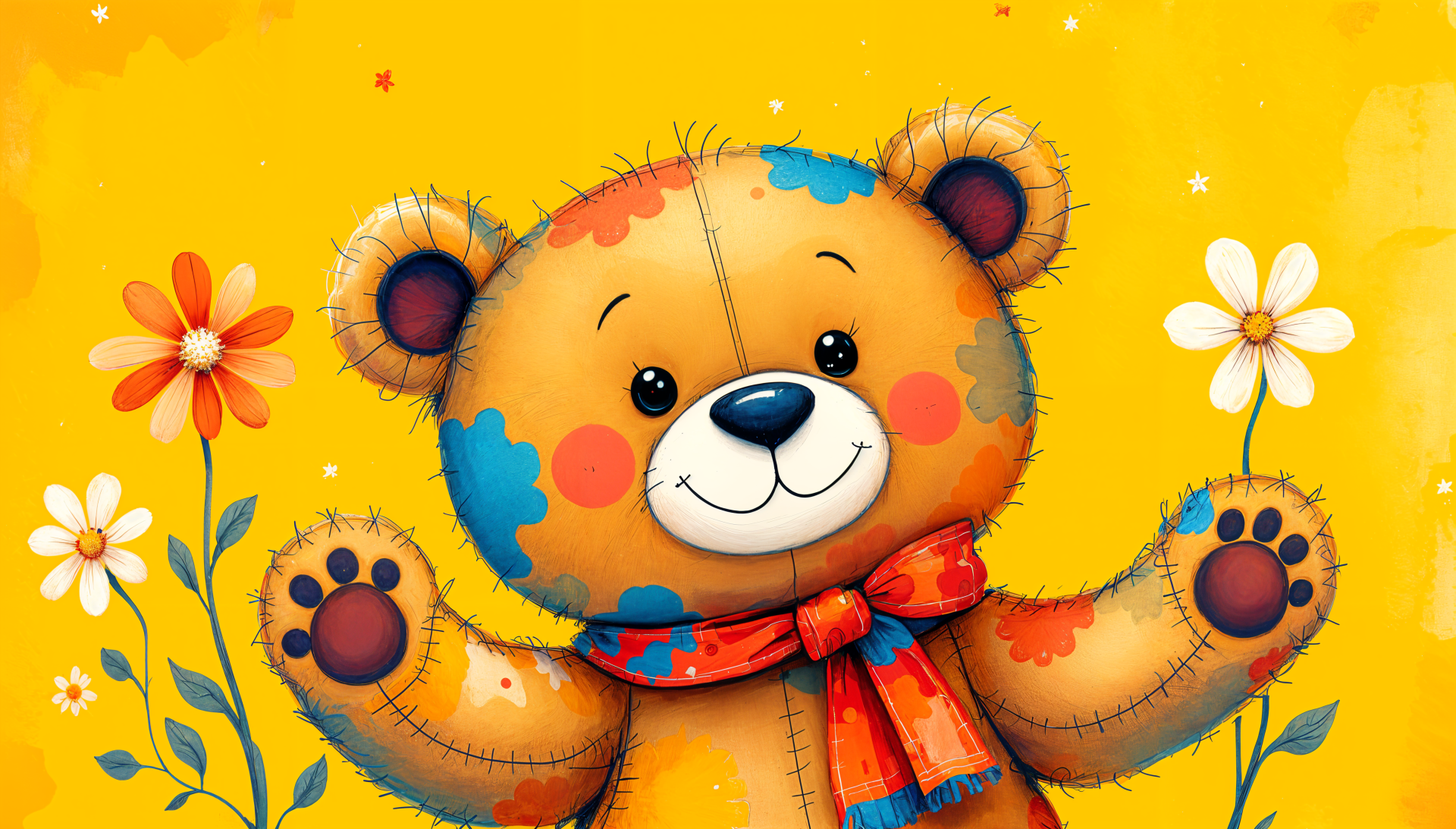 A cheerful teddy bear with a colorful patchwork design holds flowers against a bright yellow background, perfect for a vibrant 4K Ultra HD PC desktop wallpaper.