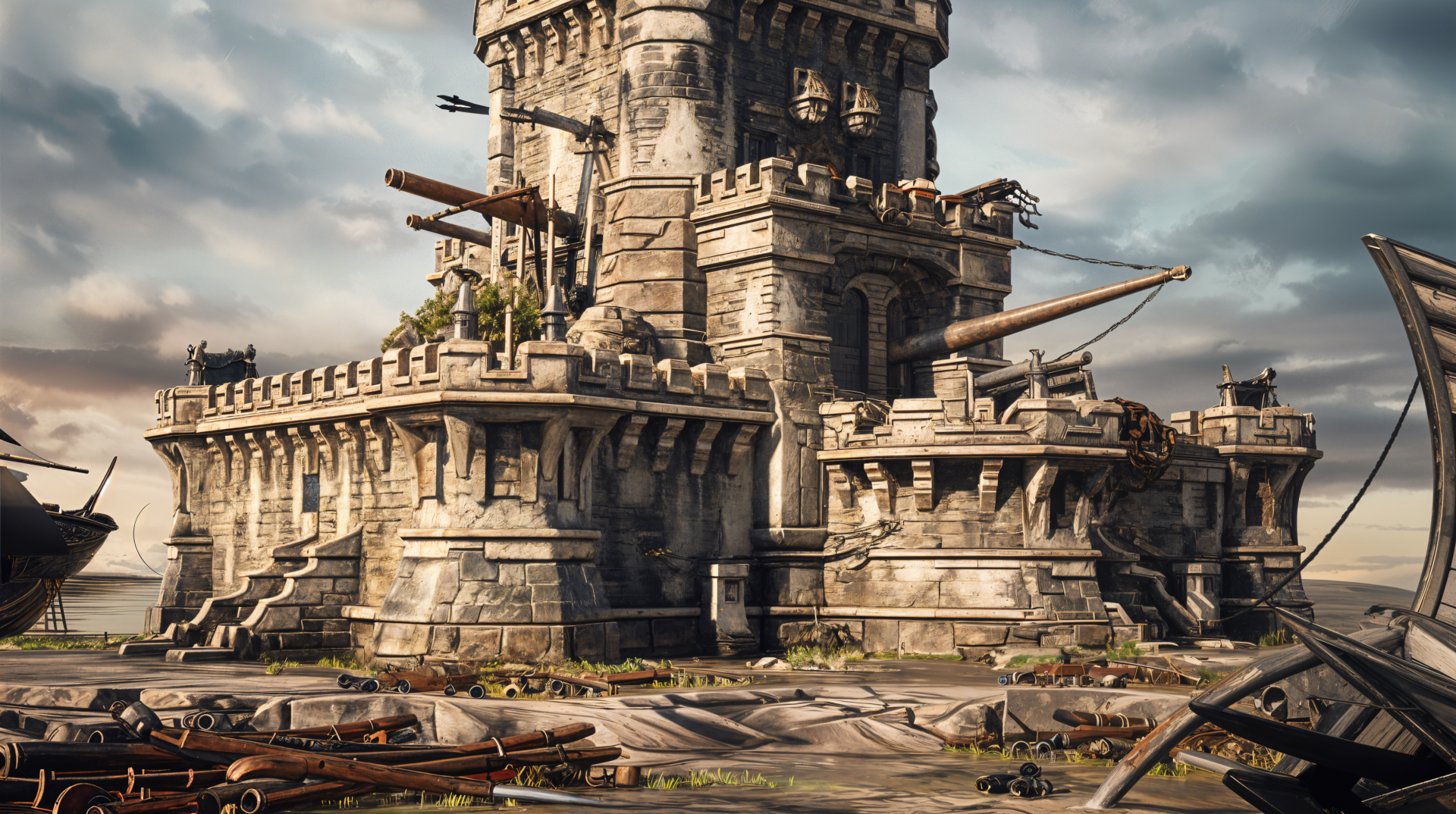 A detailed depiction of a fortified tower, featuring cannons and a rugged landscape, presented as a 4K Ultra HD PC desktop wallpaper and background.