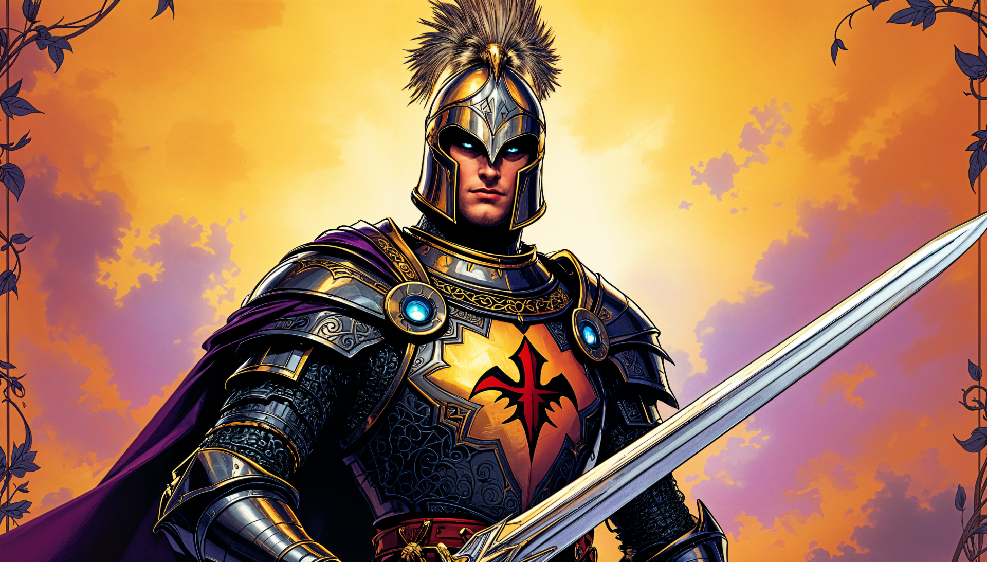 A fantasy knight stands confidently in gleaming armor, holding a sword, with a vibrant sunset backdrop. This striking image serves as a 4K Ultra HD PC desktop wallpaper.