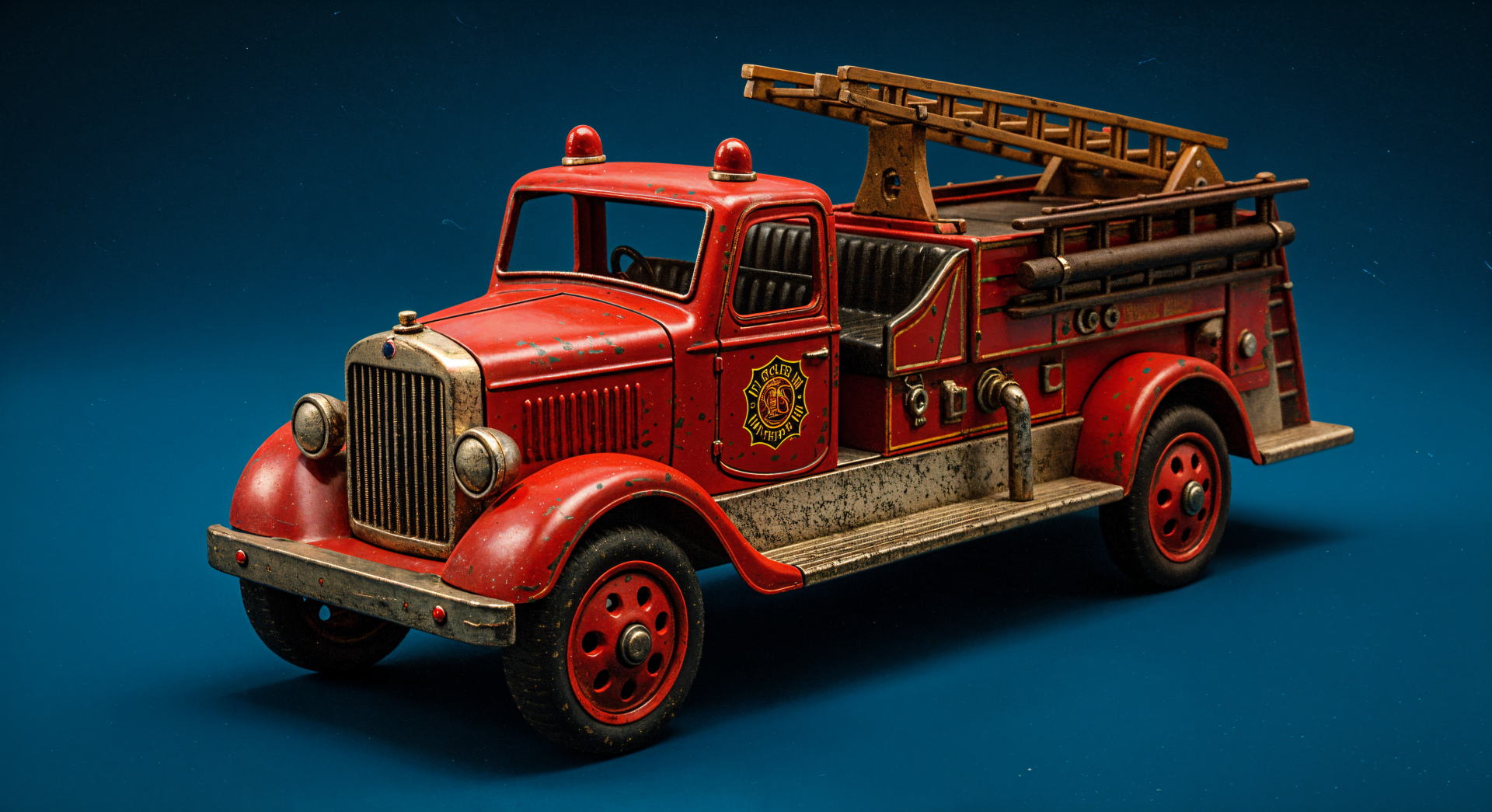 A detailed close-up of a vintage red fire truck toy, showcasing its iconic ladder and emblem, set against a rich blue background, suitable as a 4K Ultra HD PC desktop wallpaper.