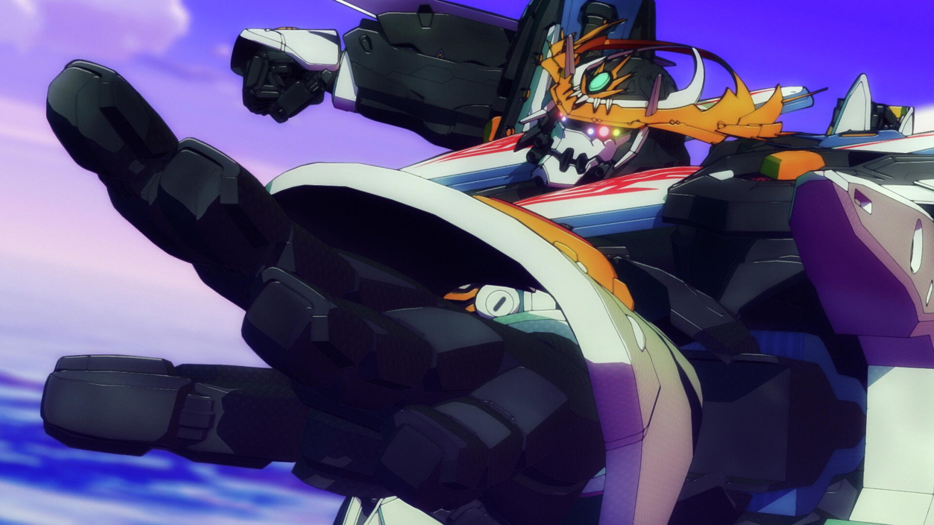 An intense scene from Aquarion: Myth of Emotions, featuring a striking mecha with dynamic colors against a vibrant sky, captured in high-definition for a captivating desktop wallpaper.
