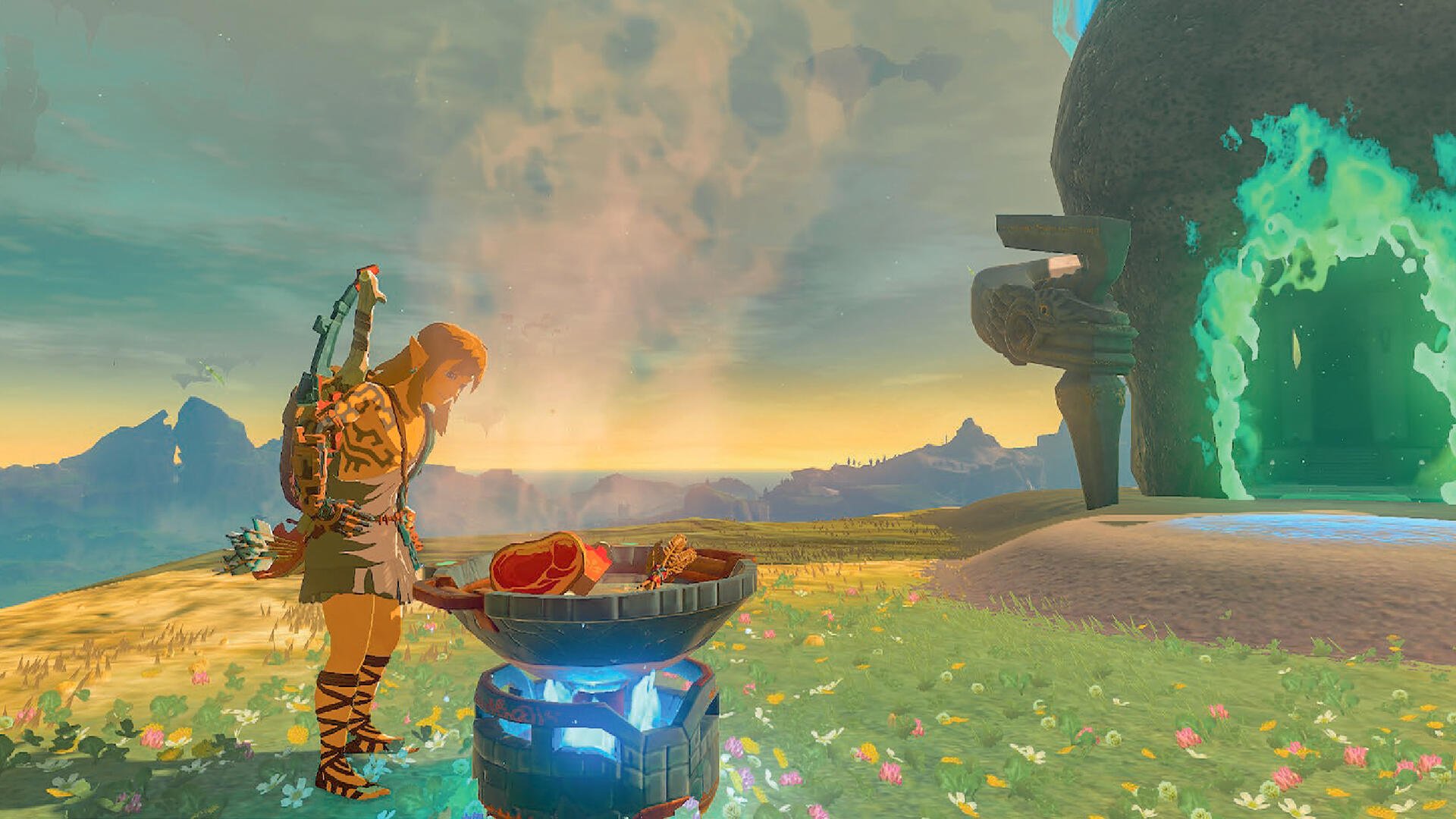 HD PC desktop wallpaper from The Legend of Zelda: Tears of the Kingdom, featuring Link cooking on a grill in a vibrant, open-world landscape at sunset.
