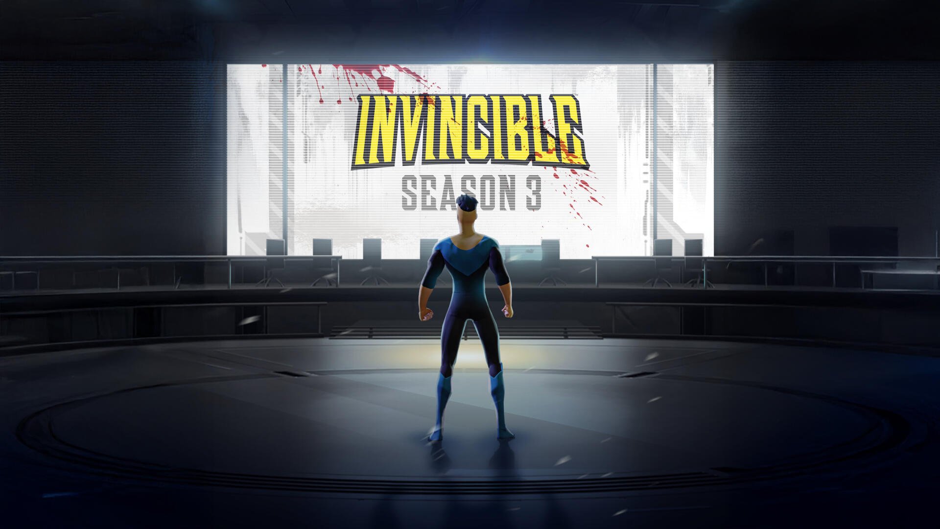 Invincible Season 3: lone hero seen from behind in a dark arena beneath an illuminated title — 5K Ultra HD PC desktop wallpaper and background.