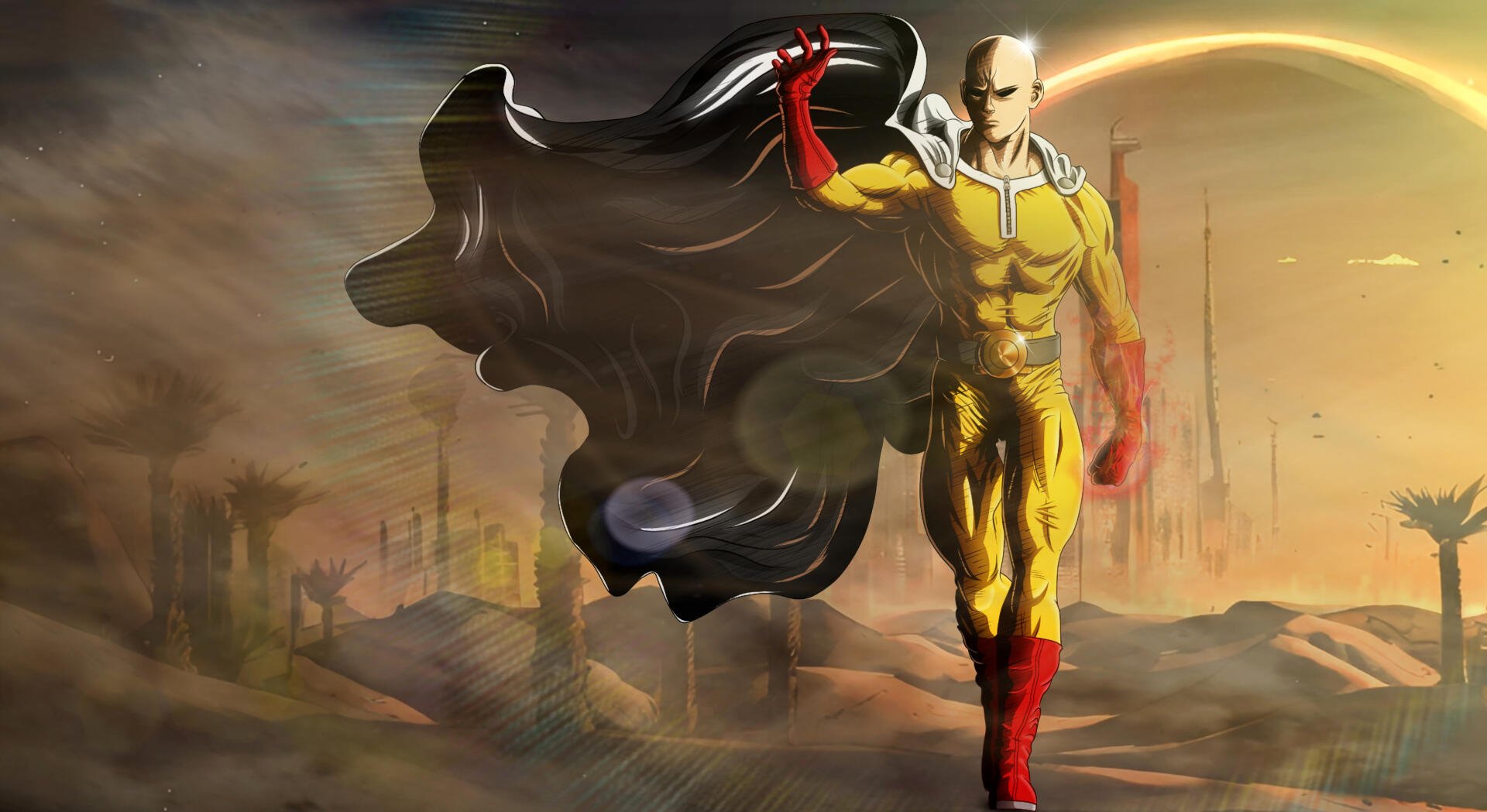 4K Ultra HD PC desktop wallpaper of One-Punch Man's Saitama in his yellow suit with red gloves and boots, black cape billowing as he strides through a sunlit ruined cityscape.