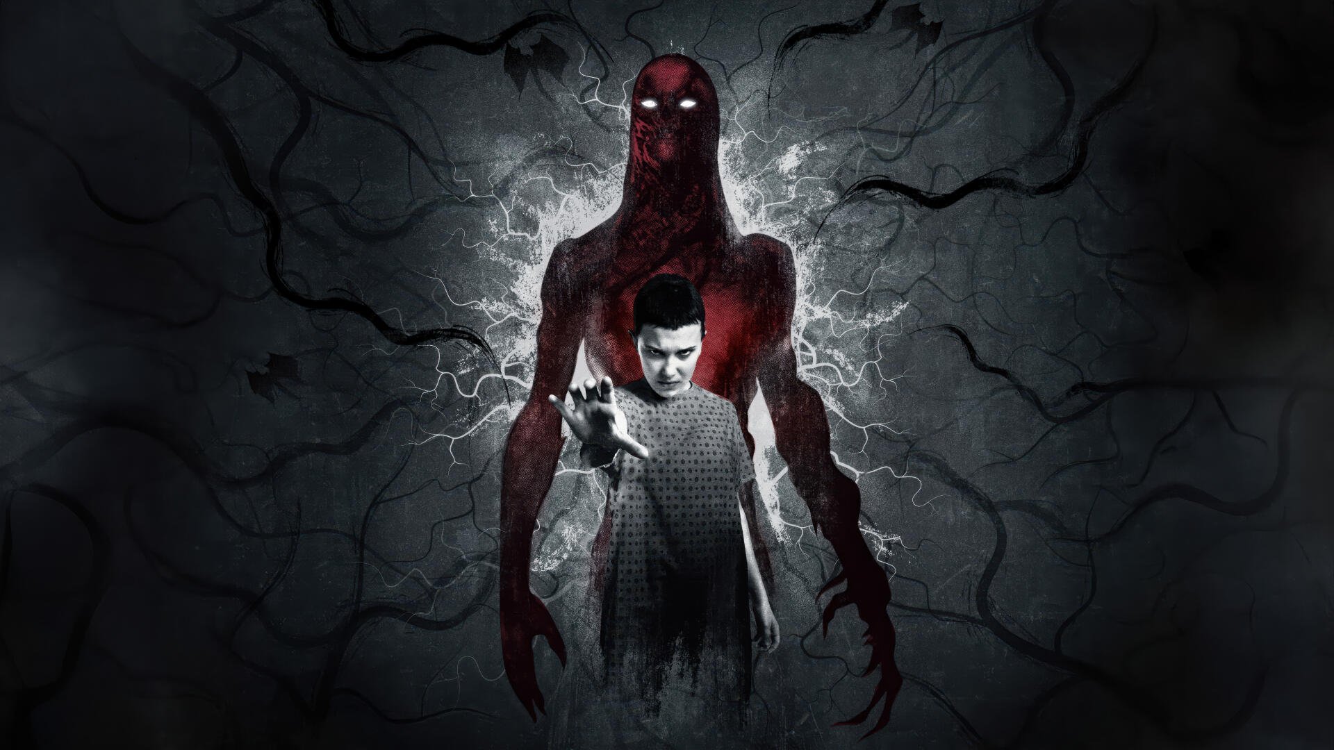 Vecna from Stranger Things looms behind a captive figure, dark tendrils and crackling energy radiating; 5K Ultra HD PC desktop wallpaper and background.