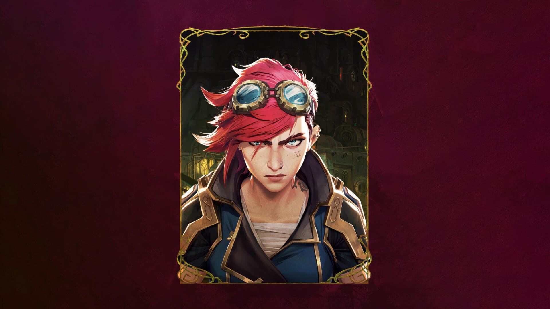 Arcane 5K Ultra HD PC desktop wallpaper: portrait of a red-haired character with goggles, intense stare, layered jacket, ornate gold frame on a deep burgundy background.