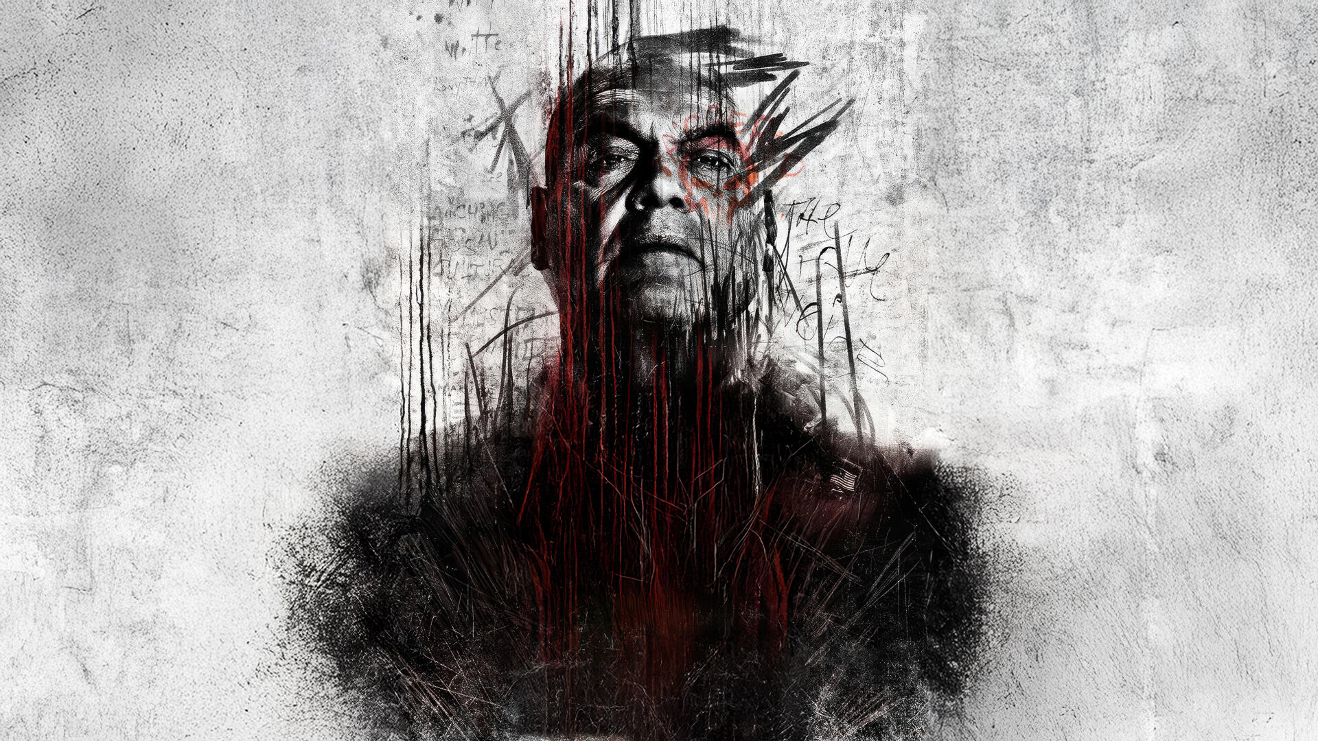 Daredevil: Born Again 5K Ultra HD PC desktop wallpaper — stark, distressed portrait of Daredevil with blood-red mask horns bleeding into black ink drips and vertical scratch textures.