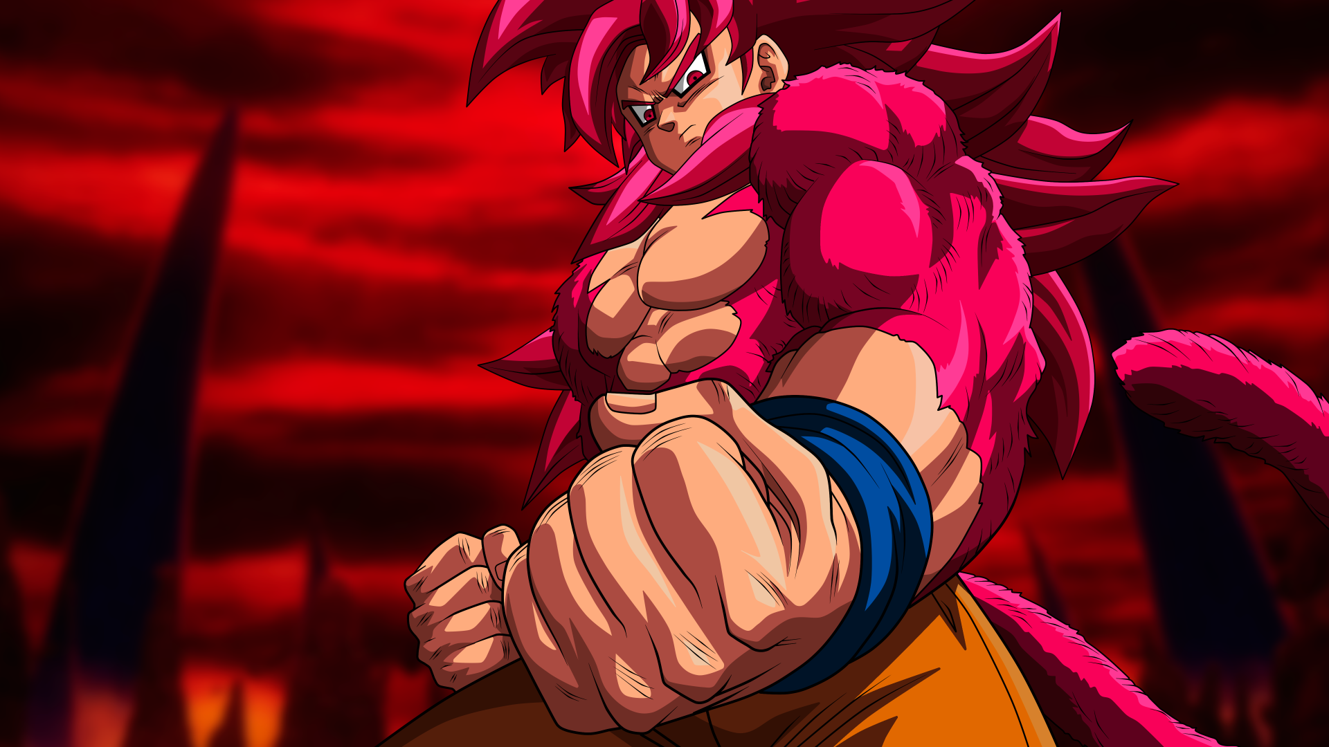 4K Ultra HD Dragon Ball DAIMA wallpaper featuring Goku in Super Saiyan 4 form from Dragon Ball Super with intense red and black background.