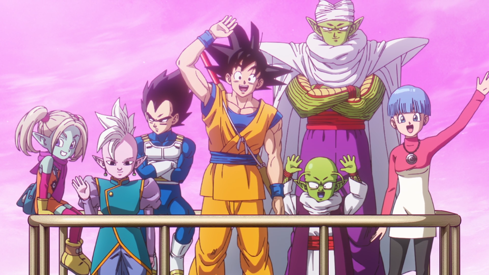 HD PC desktop wallpaper featuring Dragon Ball DAIMA anime characters including Goku, Vegeta, Piccolo, Bulma, and others against a pink sky background.