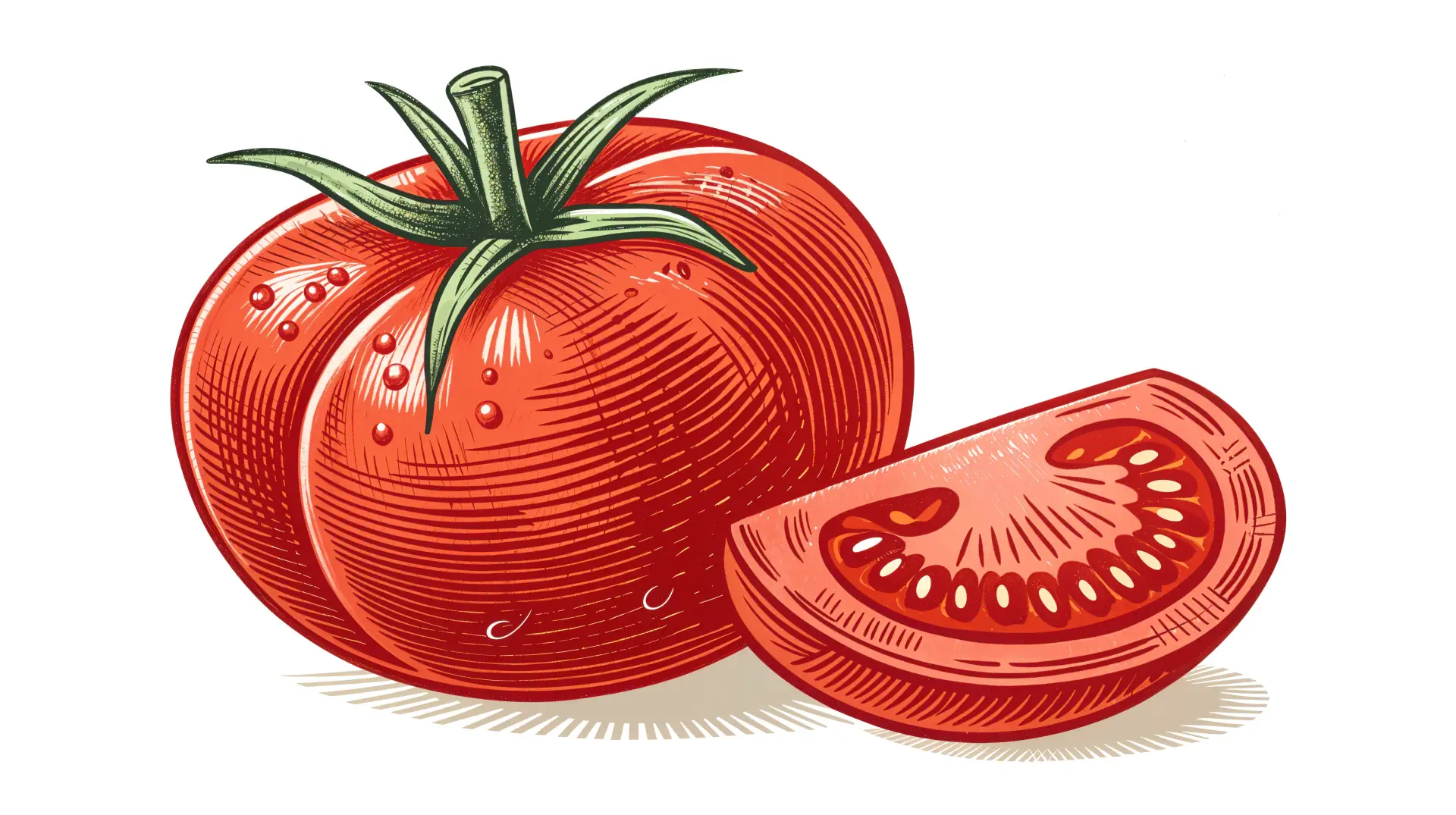 A vibrant illustration of a ripe cherry tomato, complete with green leaves, accompanied by a sliced piece. This image serves as a 4K Ultra HD desktop wallpaper and background.