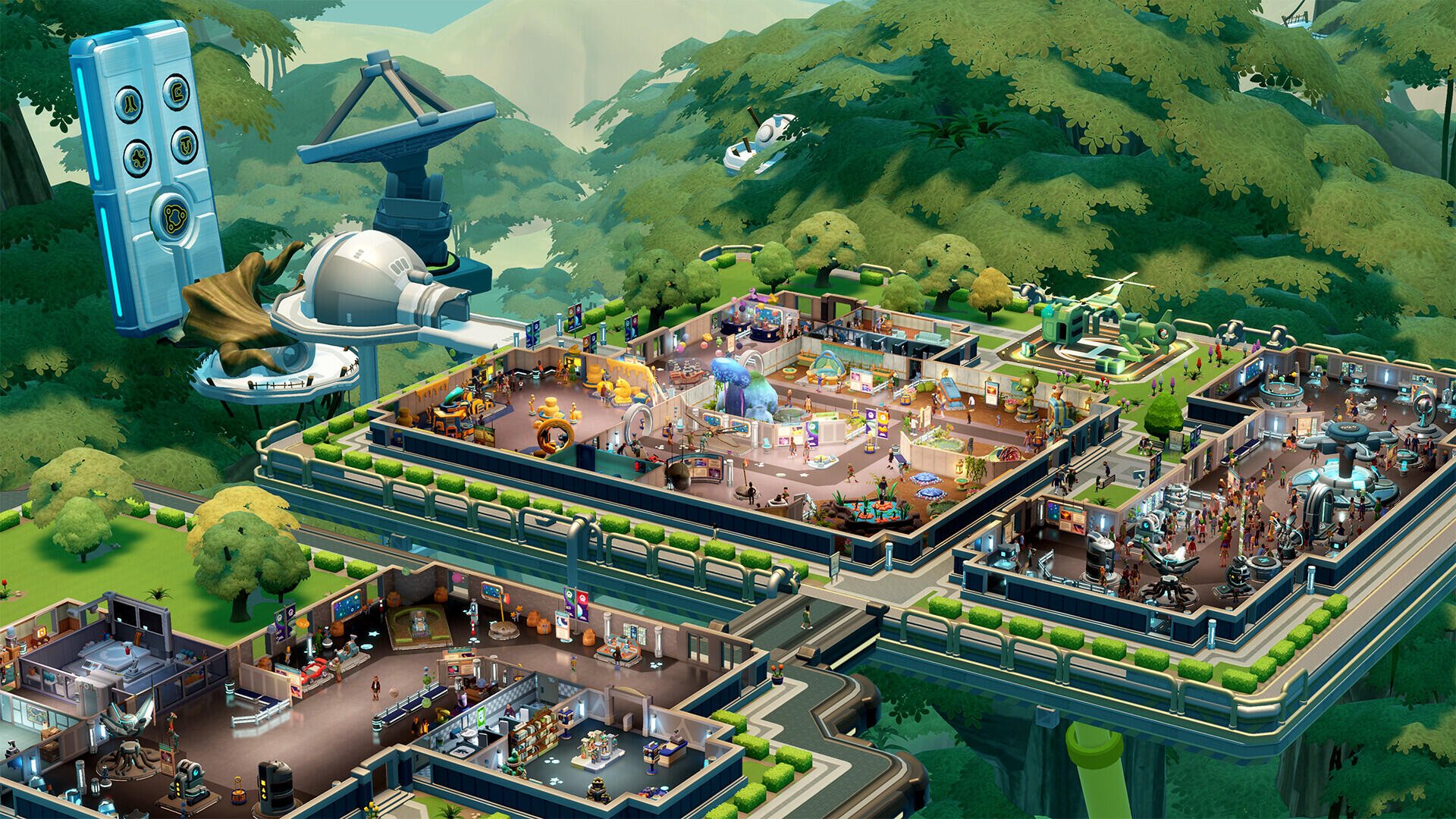 A vibrant HD wallpaper showcasing Two Point Museum, featuring various exhibit spaces and lush greenery, set in a whimsical video game environment.