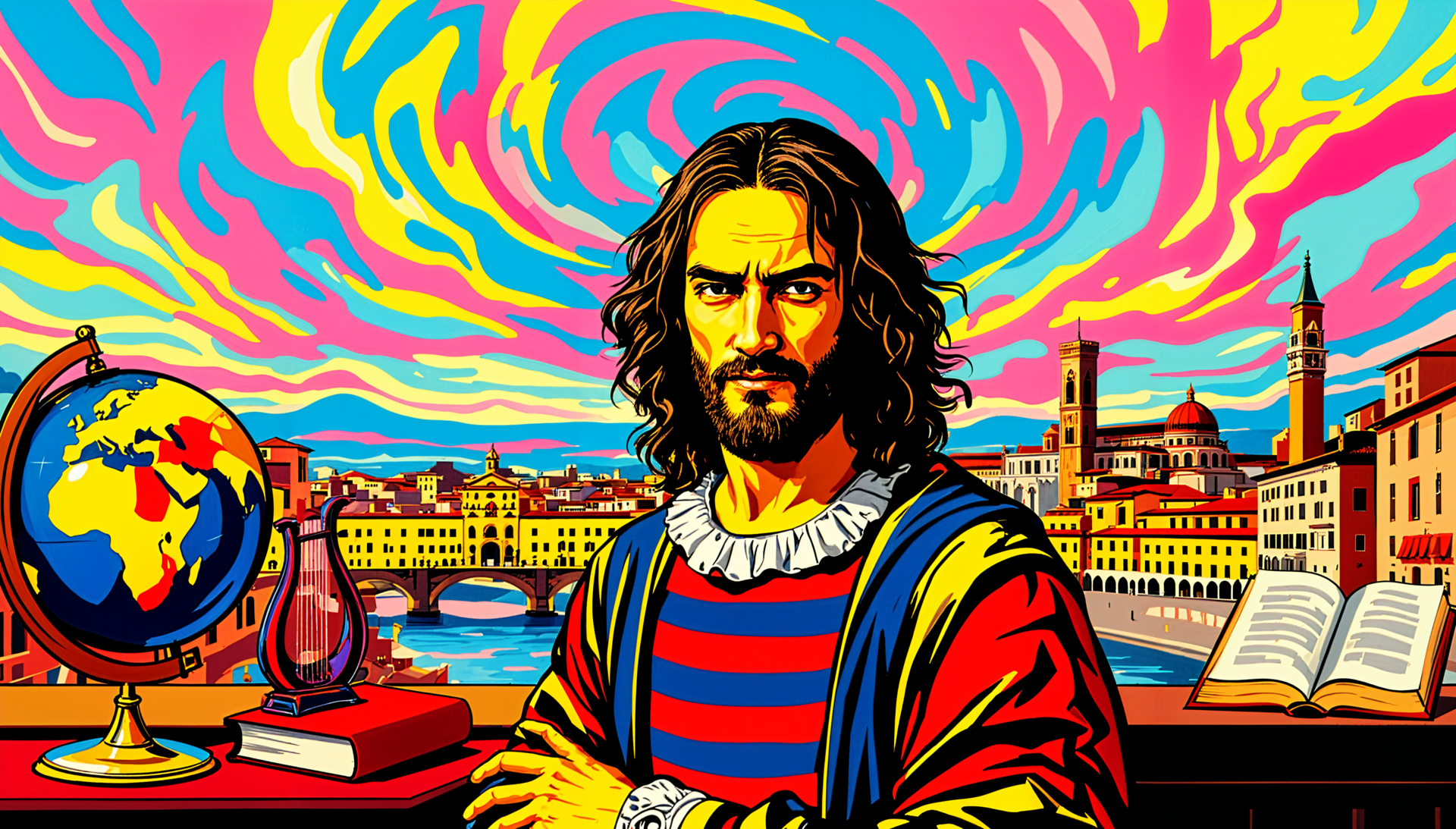 A vibrant 4K Ultra HD desktop wallpaper featuring a Renaissance figure with a colorful, swirling background, set against a scenic cityscape.