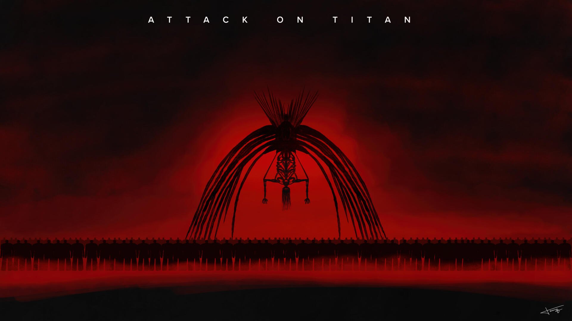 HD Attack on Titan desktop wallpaper featuring the silhouette of the Founding Titan against a dark red sky with ominous, dramatic tones.