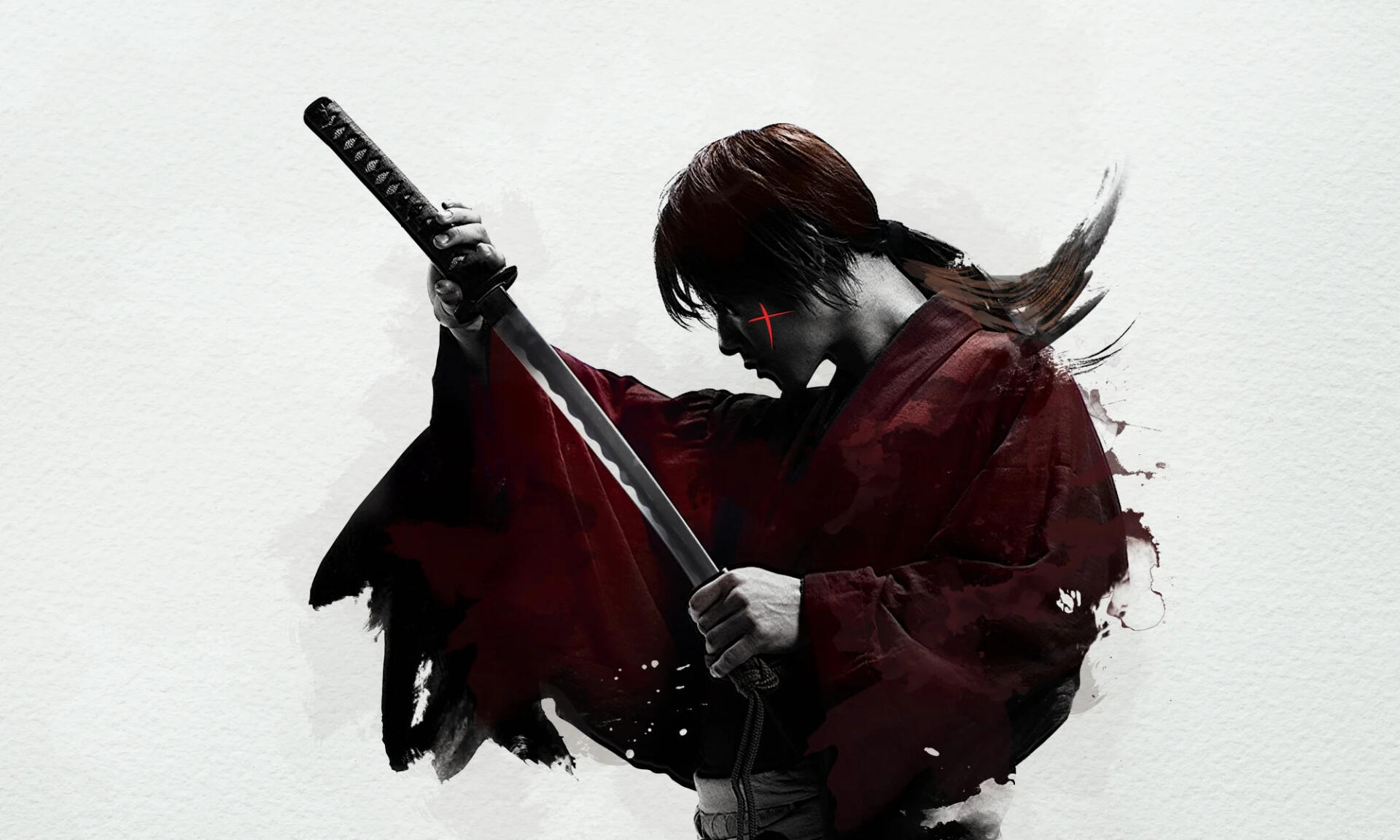 Rurouni Kenshin HD PC desktop wallpaper — stylized dark portrait of Kenshin in a red cloak, gripping his katana against a stark white background with expressive brushstroke splatters.