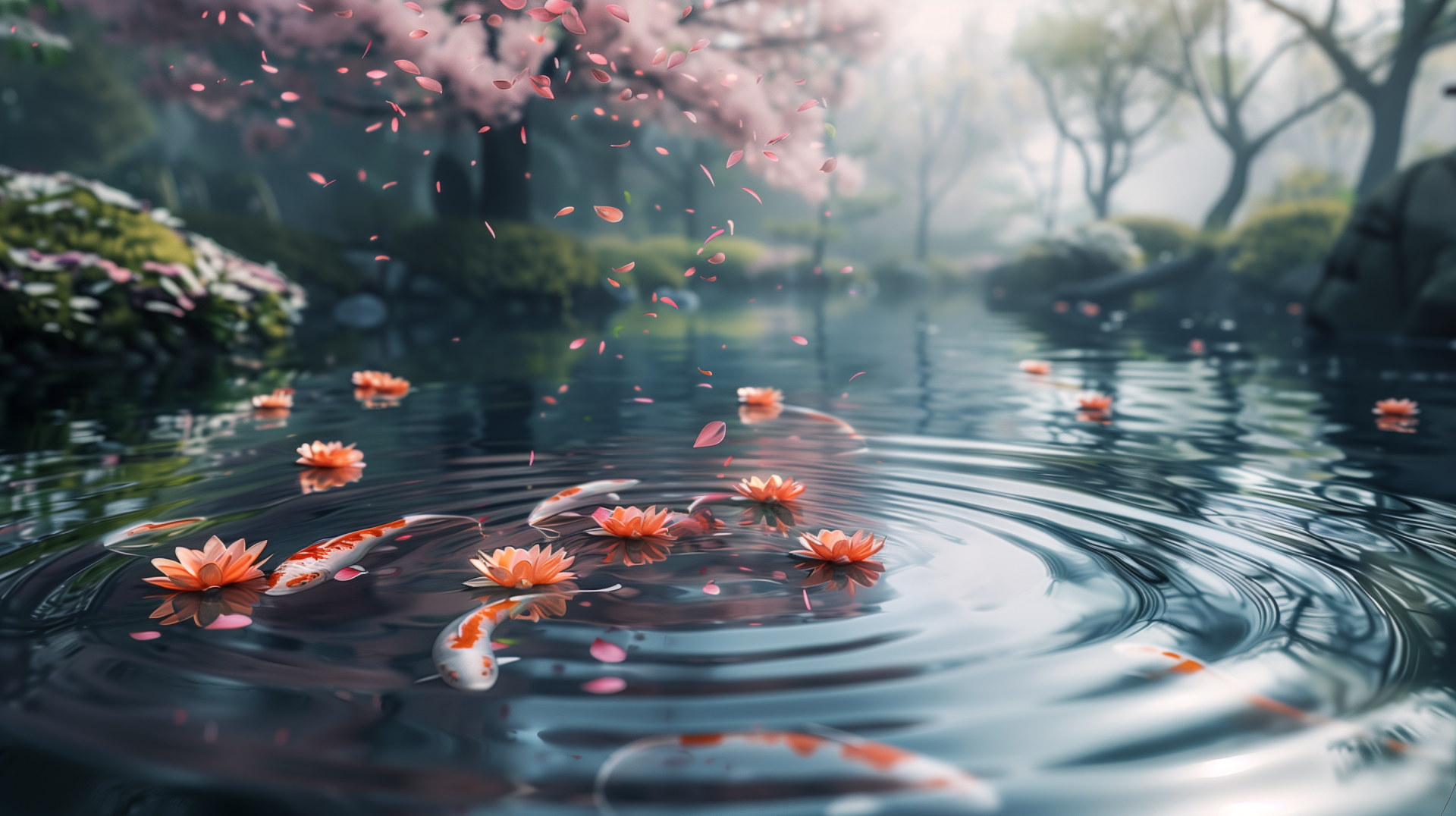 A serene pond adorned with koi fish and falling autumn leaves, featuring water lilies floating peacefully, captures the tranquility of nature in this HD desktop wallpaper.