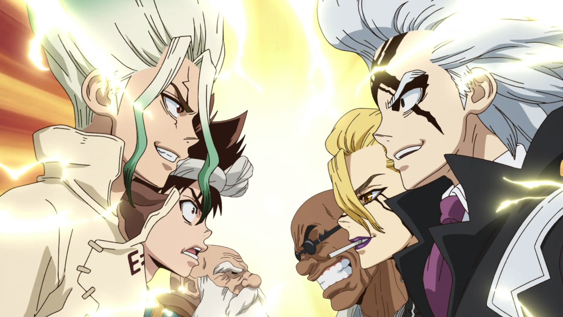 HD PC desktop wallpaper featuring intense face-off between characters from the anime Dr. Stone, showcasing dynamic expressions and vibrant colors.