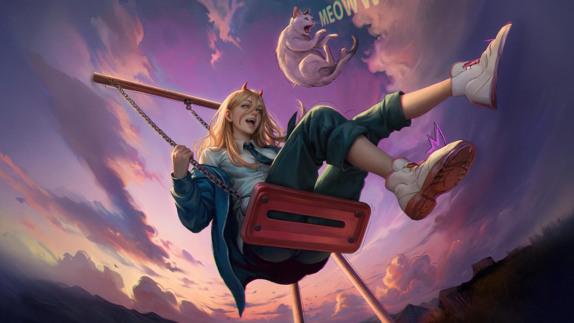 Chainsaw Man 5K Ultra HD PC wallpaper: joyful blonde girl on a swing silhouetted against a pink-purple sunset, a floating cat overhead, dramatic clouds and warm, painterly lighting.