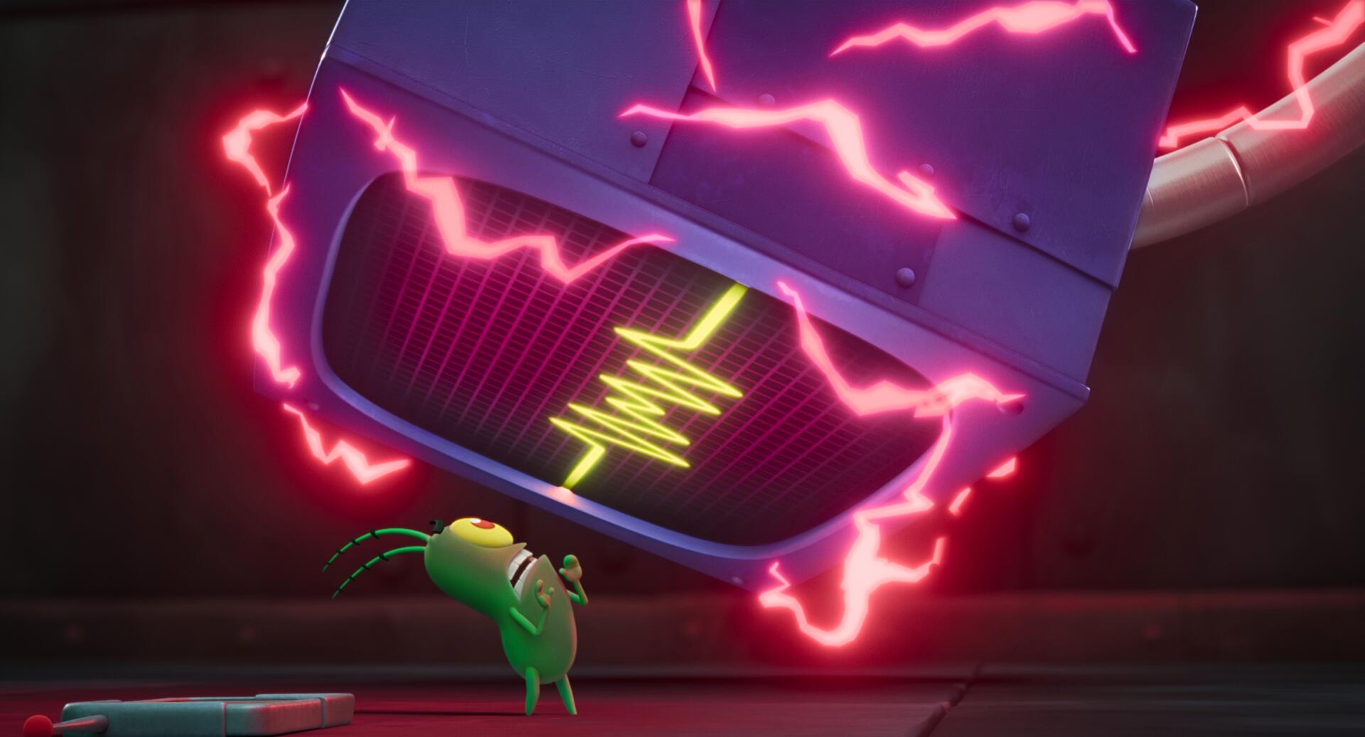 A vibrant HD wallpaper from Plankton: The Movie features Plankton in a tense moment, surrounded by bright, electric sparks and a menacing machine overhead.
